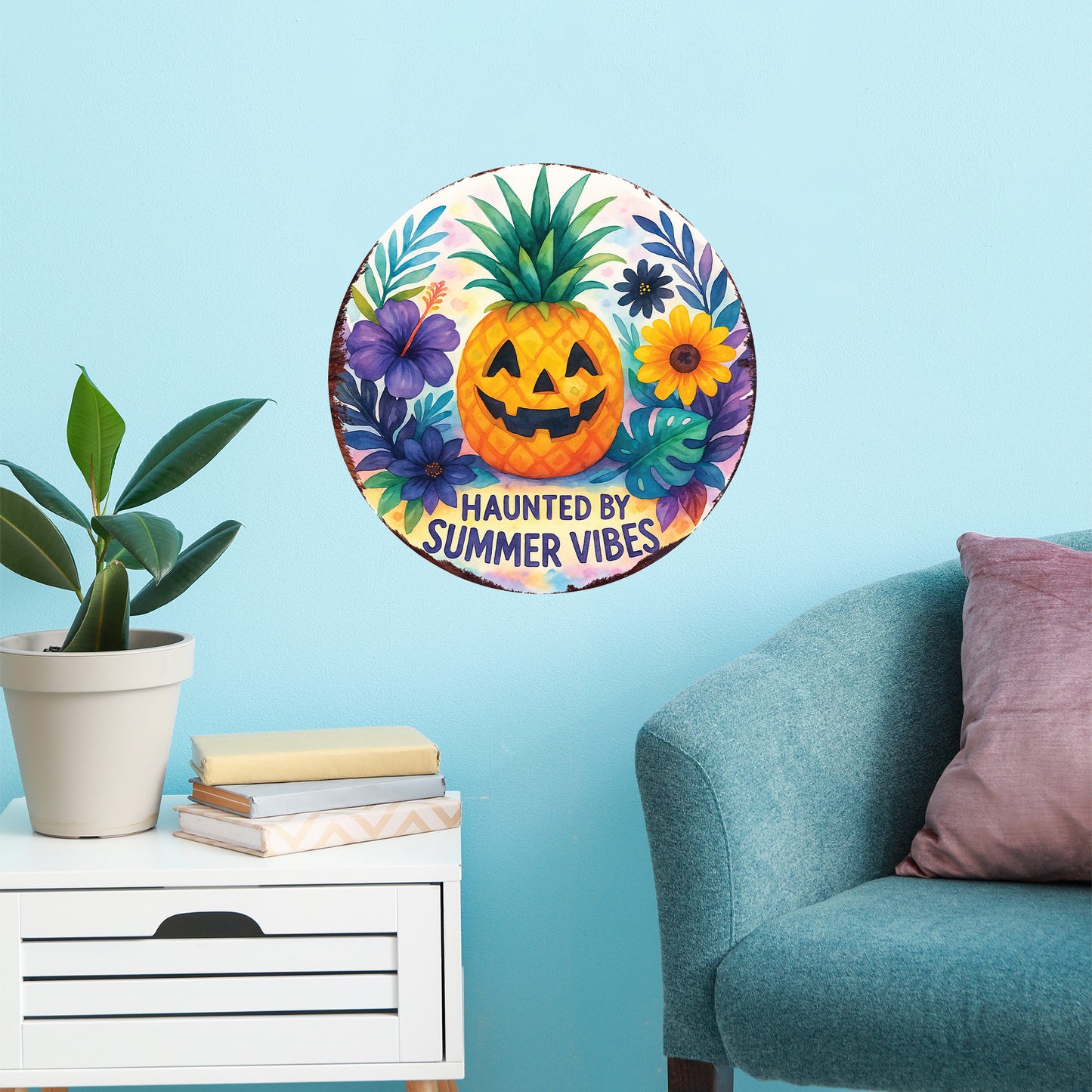 Haunted by Summer Vibes Summerween Door Hanger – Tropical Pumpkin Pineapple Sign – UV Print Décor for Door, Porch, or Patio