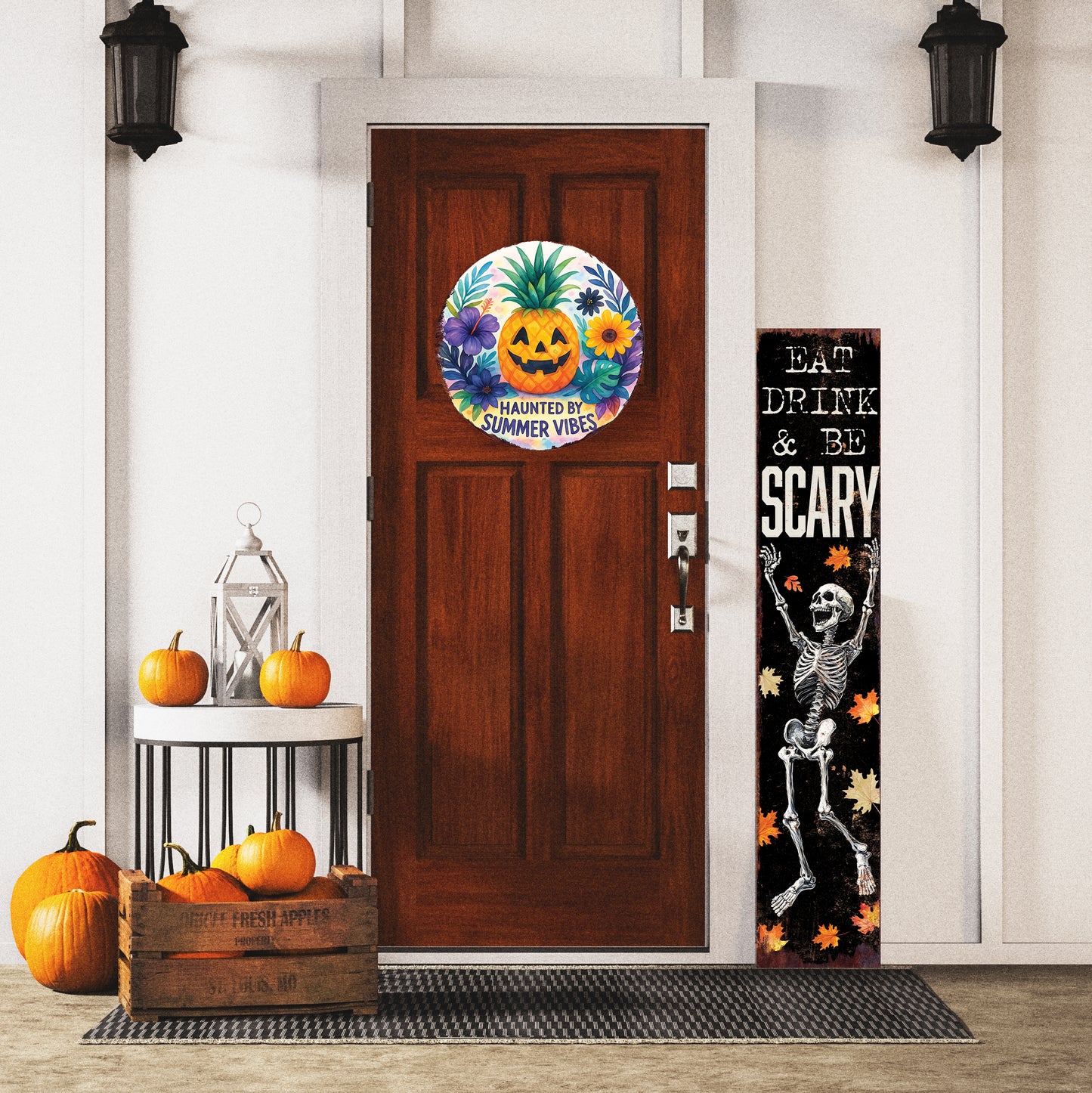 Haunted by Summer Vibes Summerween Door Hanger – Tropical Pumpkin Pineapple Sign – UV Print Décor for Door, Porch, or Patio