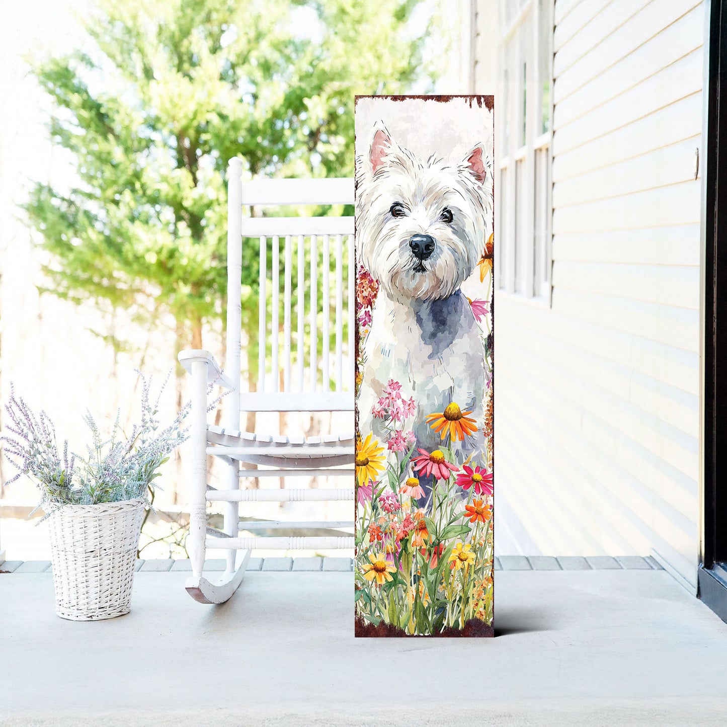 Westie Porch Sign | Vertical Dog Wall Art with Wildflowers | Front Porch or Garden Decor for Pet Lovers and Dog Owners
