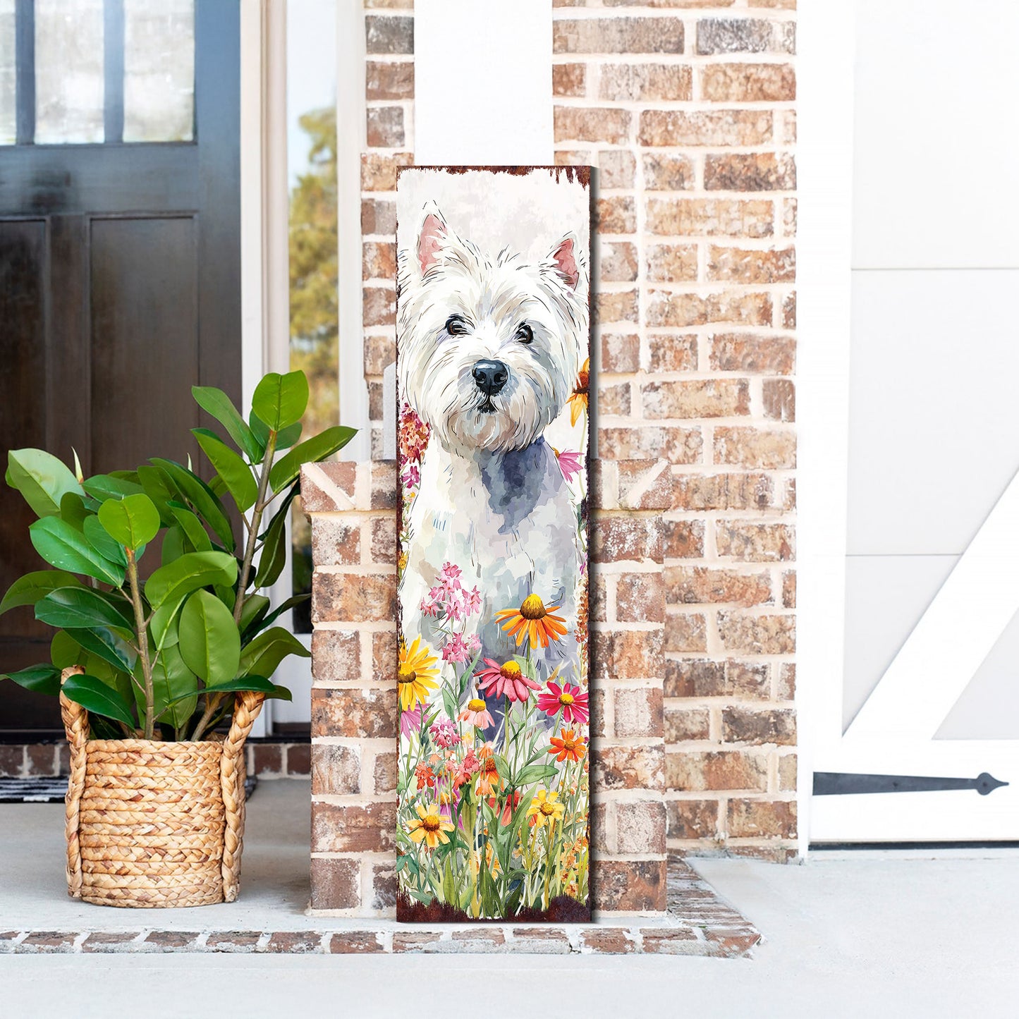 Westie Porch Sign | Vertical Dog Wall Art with Wildflowers | Front Porch or Garden Decor for Pet Lovers and Dog Owners
