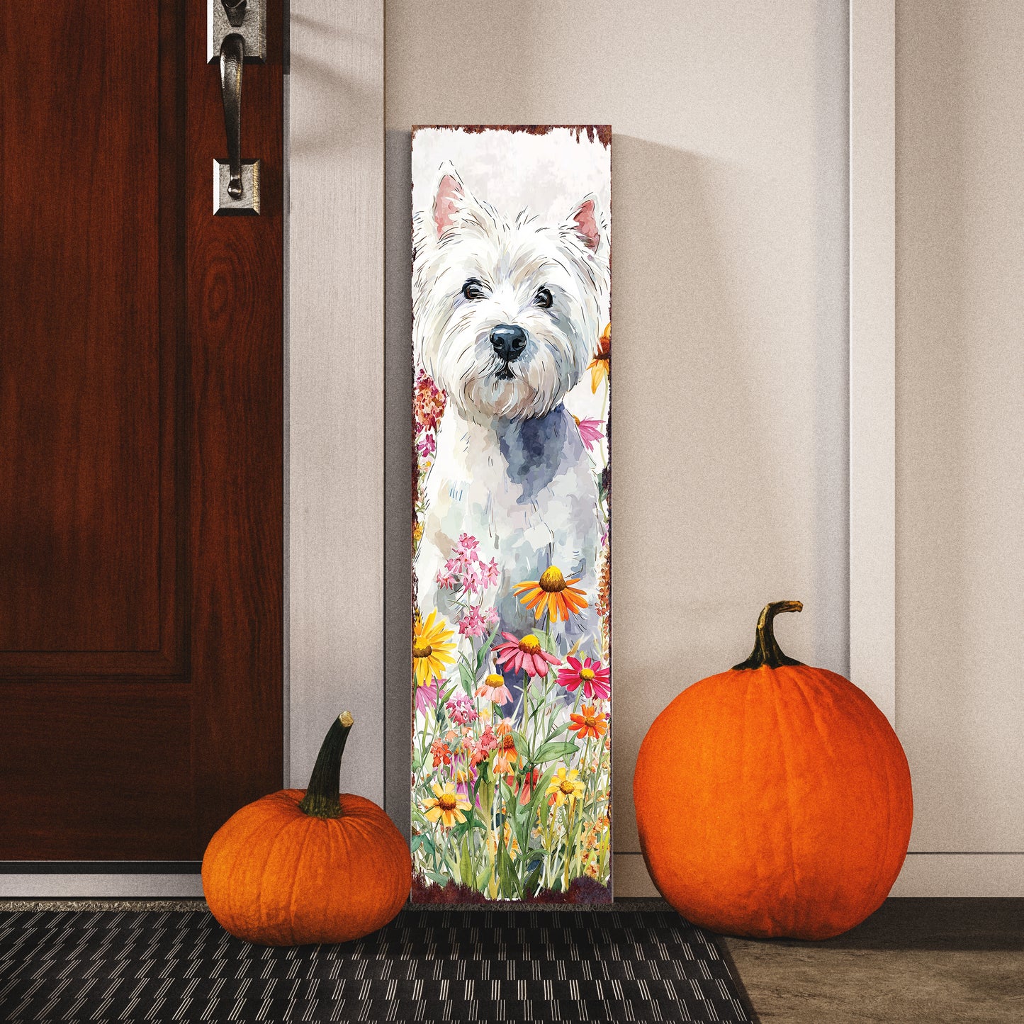 Westie Porch Sign | Vertical Dog Wall Art with Wildflowers | Front Porch or Garden Decor for Pet Lovers and Dog Owners