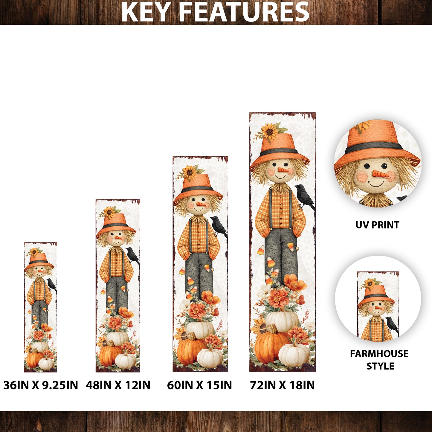 Fall Scarecrow Porch Sign | Autumn Entryway Decor with Pumpkins & Flowers | Rustic Harvest Porch Decoration for Seasonal Display