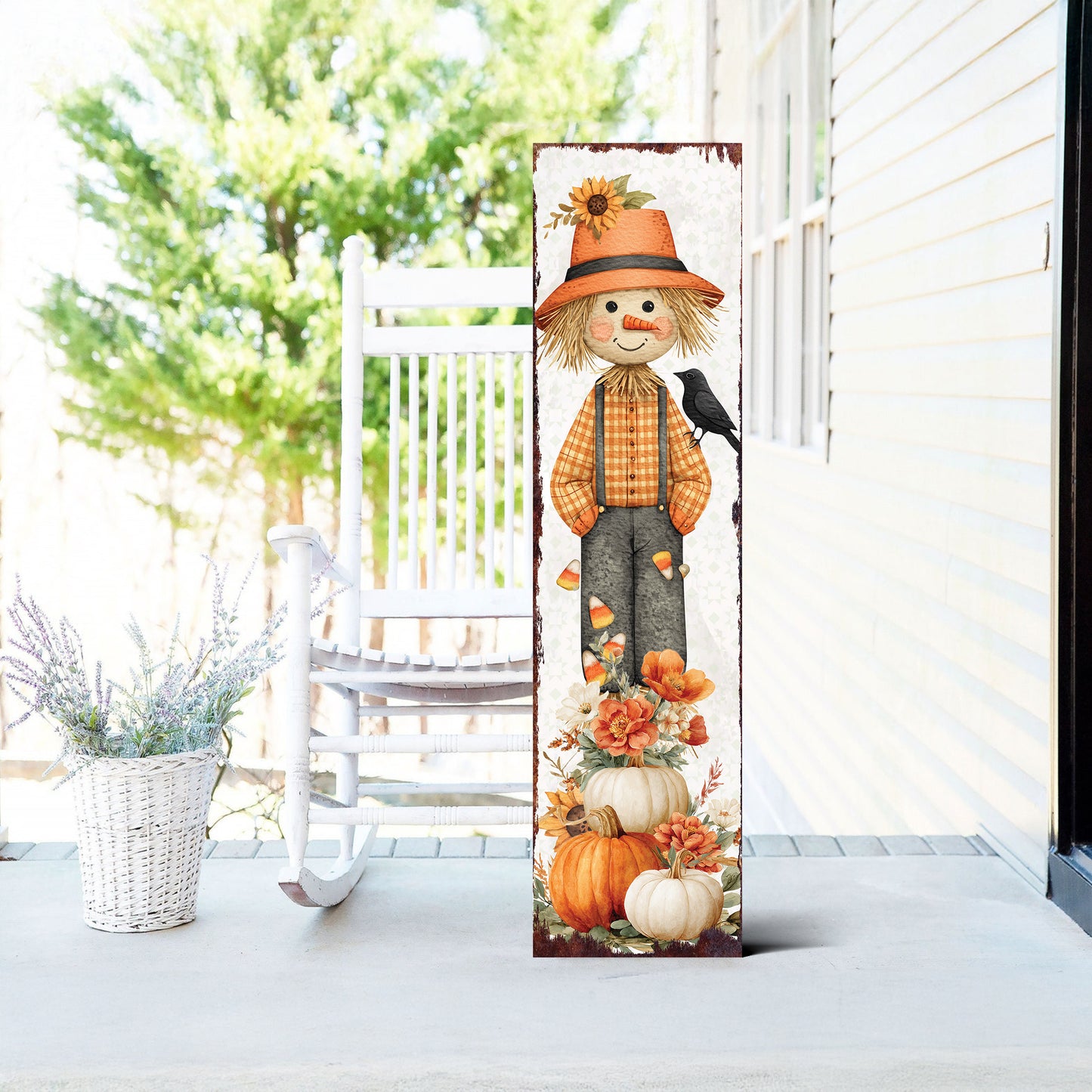 Fall Scarecrow Porch Sign | Autumn Entryway Decor with Pumpkins & Flowers | Rustic Harvest Porch Decoration for Seasonal Display