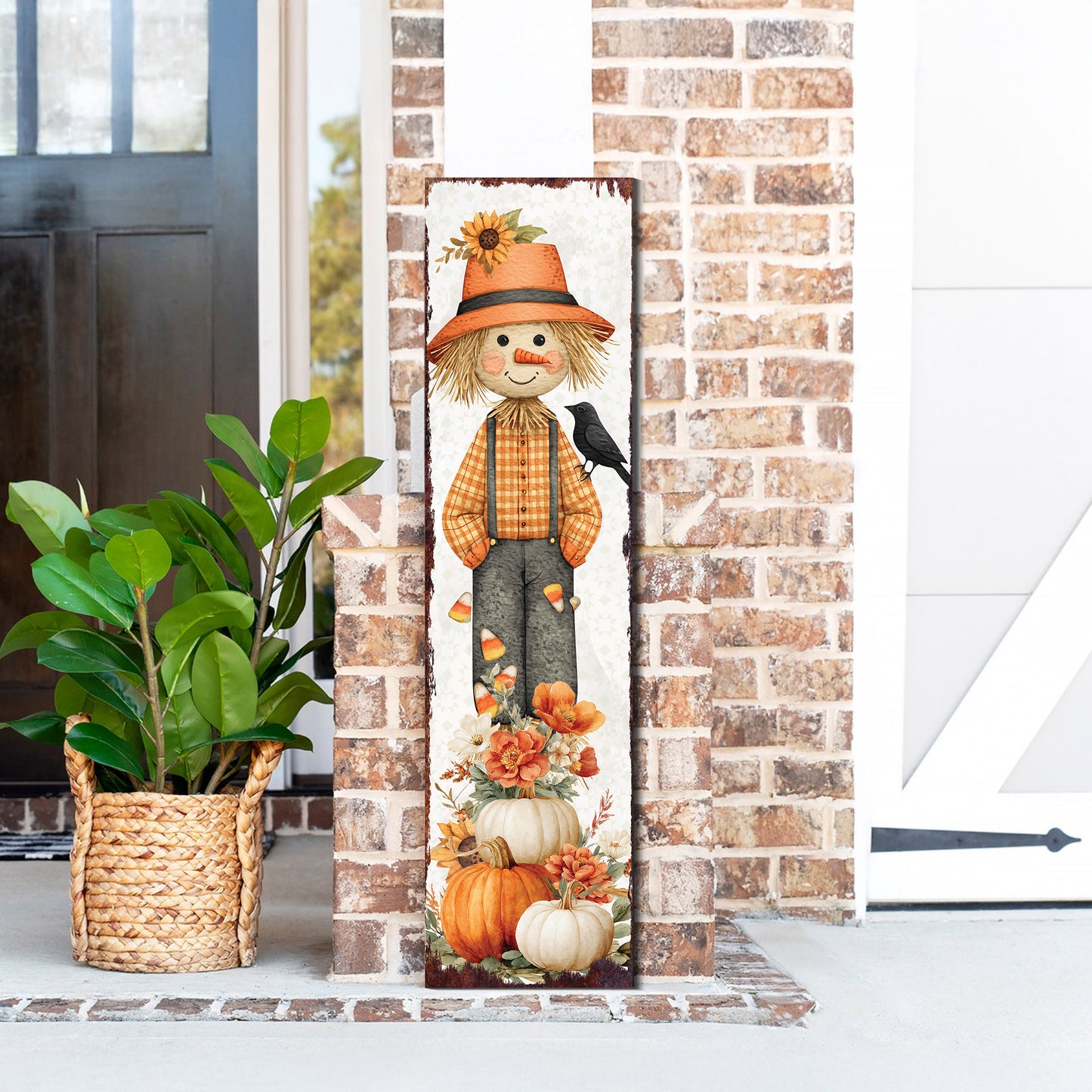 Fall Scarecrow Porch Sign | Autumn Entryway Decor with Pumpkins & Flowers | Rustic Harvest Porch Decoration for Seasonal Display