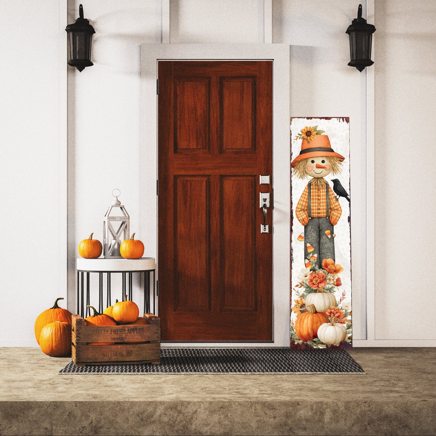 Fall Scarecrow Porch Sign | Autumn Entryway Decor with Pumpkins & Flowers | Rustic Harvest Porch Decoration for Seasonal Display