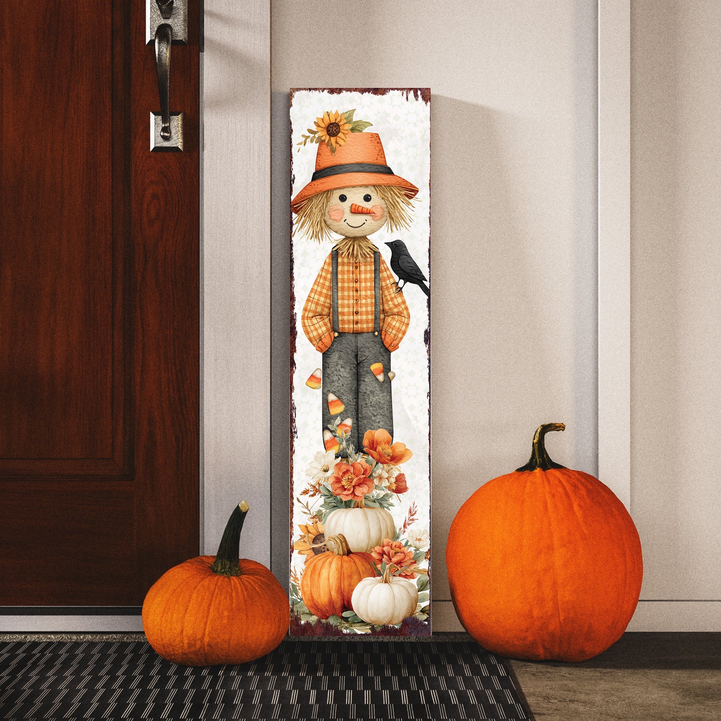 Fall Scarecrow Porch Sign | Autumn Entryway Decor with Pumpkins & Flowers | Rustic Harvest Porch Decoration for Seasonal Display