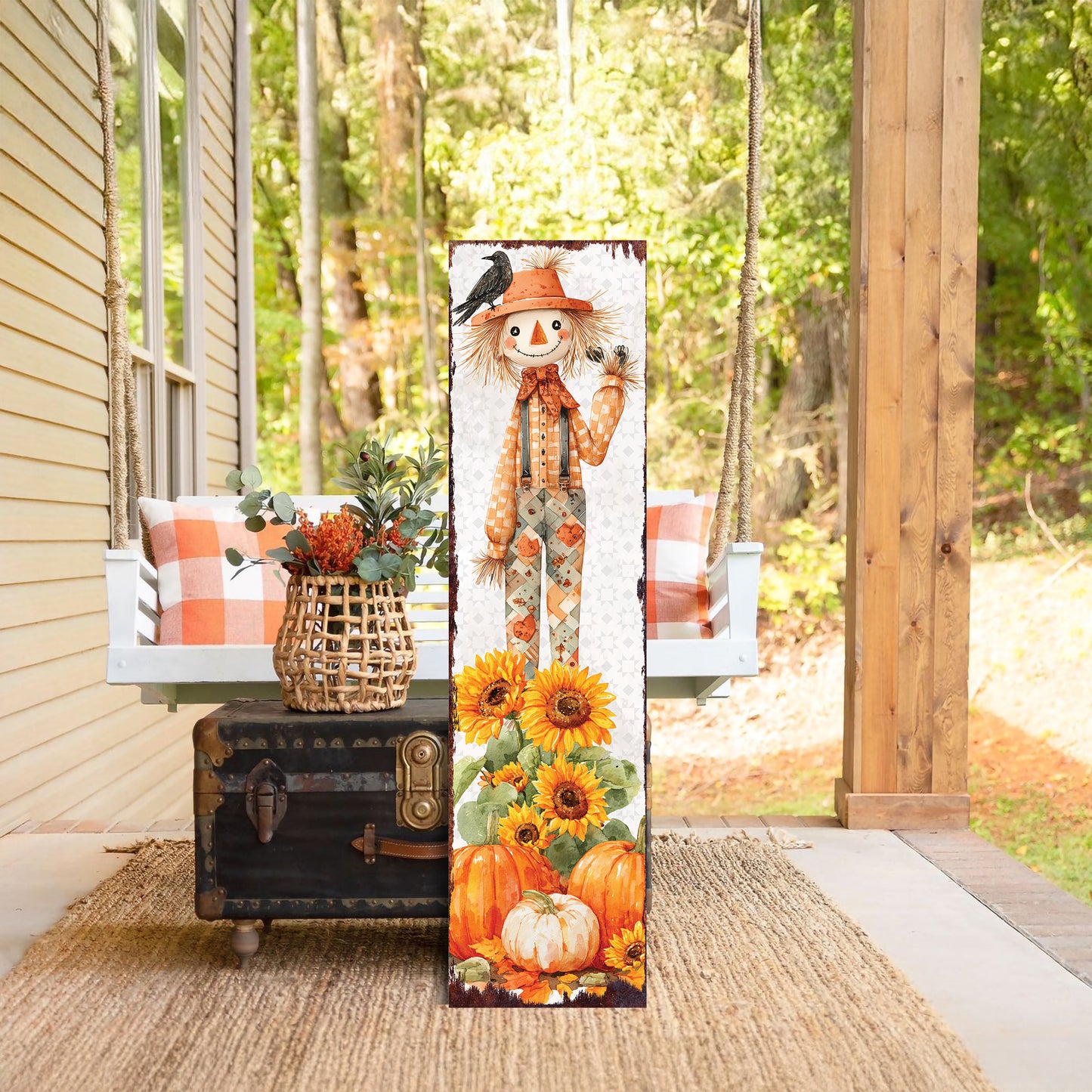 Fall Scarecrow Porch Sign | Autumn Decor with Sunflowers, Pumpkins & Crows | Perfect for Porch, Entryway, Patio, or Fall Display
