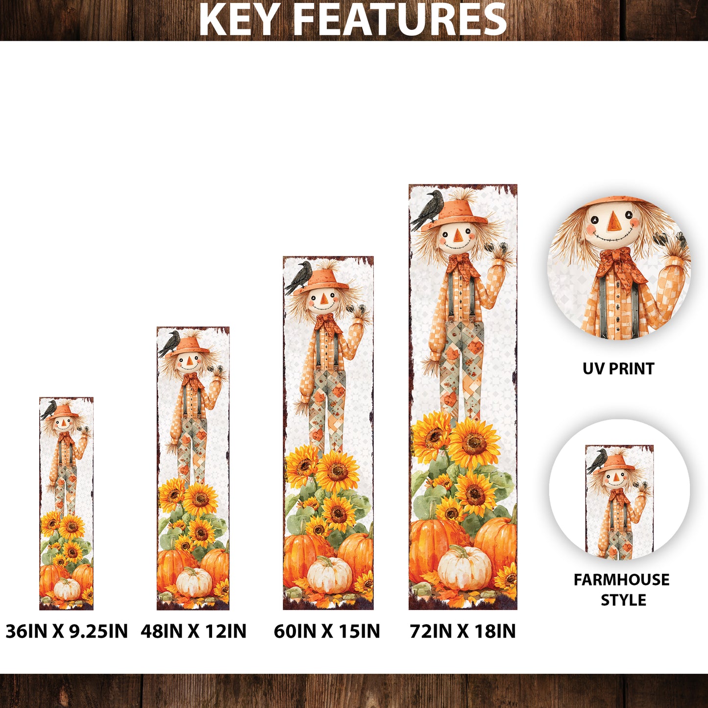 Fall Scarecrow Porch Sign | Autumn Decor with Sunflowers, Pumpkins & Crows | Perfect for Porch, Entryway, Patio, or Fall Display