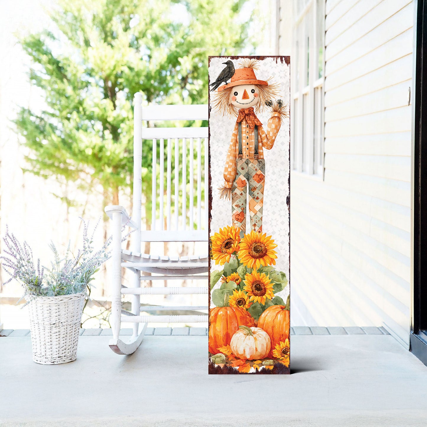Fall Scarecrow Porch Sign | Autumn Decor with Sunflowers, Pumpkins & Crows | Perfect for Porch, Entryway, Patio, or Fall Display