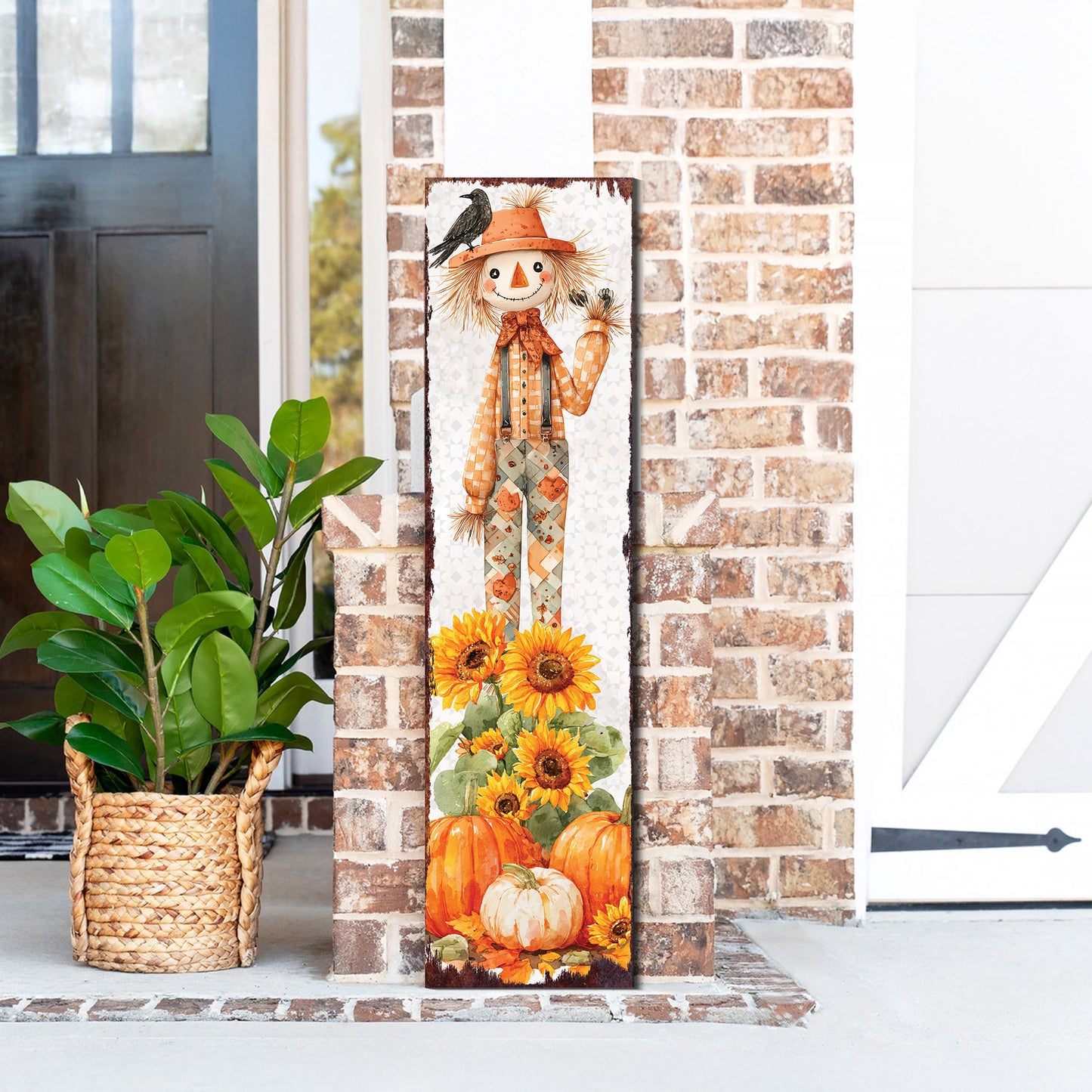 Fall Scarecrow Porch Sign | Autumn Decor with Sunflowers, Pumpkins & Crows | Perfect for Porch, Entryway, Patio, or Fall Display