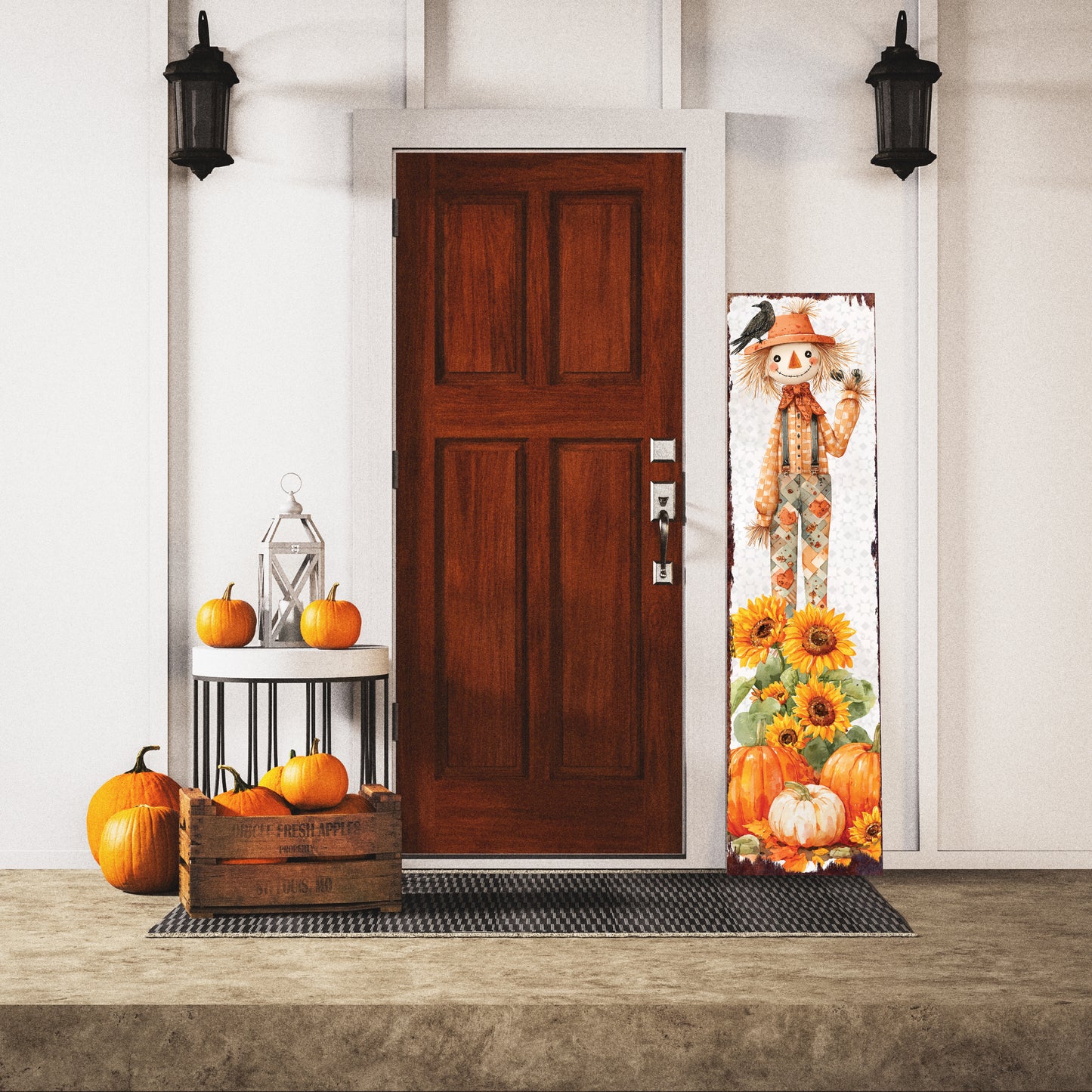 Fall Scarecrow Porch Sign | Autumn Decor with Sunflowers, Pumpkins & Crows | Perfect for Porch, Entryway, Patio, or Fall Display