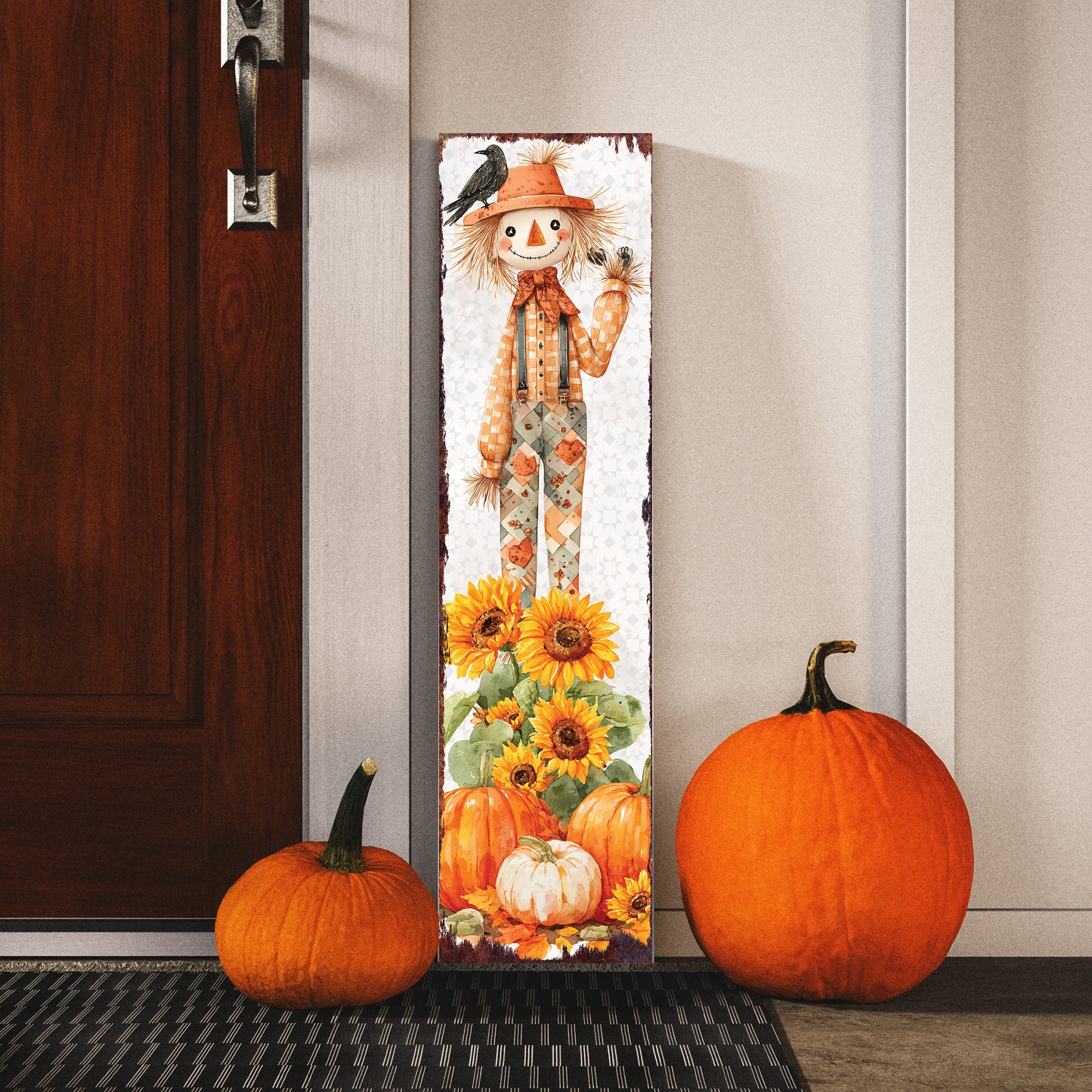 Fall Scarecrow Porch Sign | Autumn Decor with Sunflowers, Pumpkins & Crows | Perfect for Porch, Entryway, Patio, or Fall Display