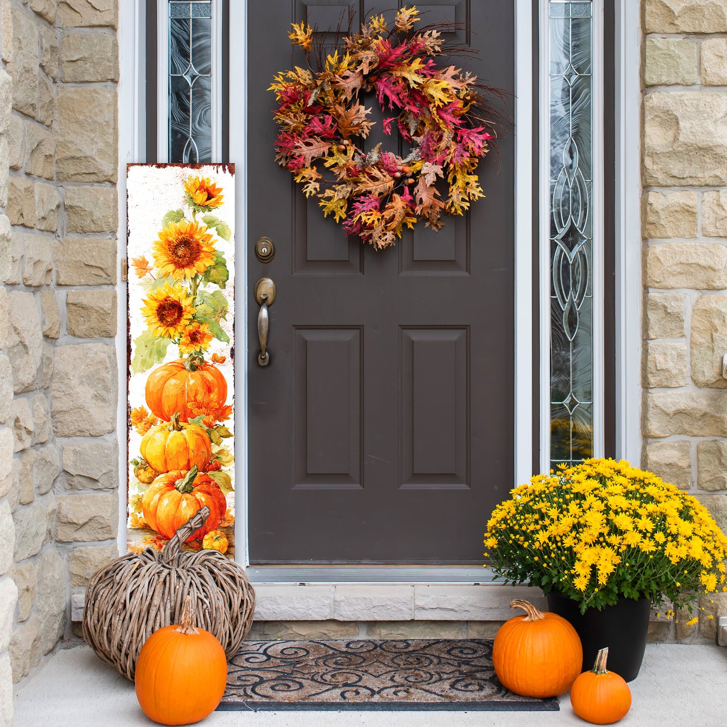 Fall Porch Sign | Pumpkin & Sunflower Vertical Wall Art | Rustic Autumn Outdoor Decor for Front Door, Garden, Entryway
