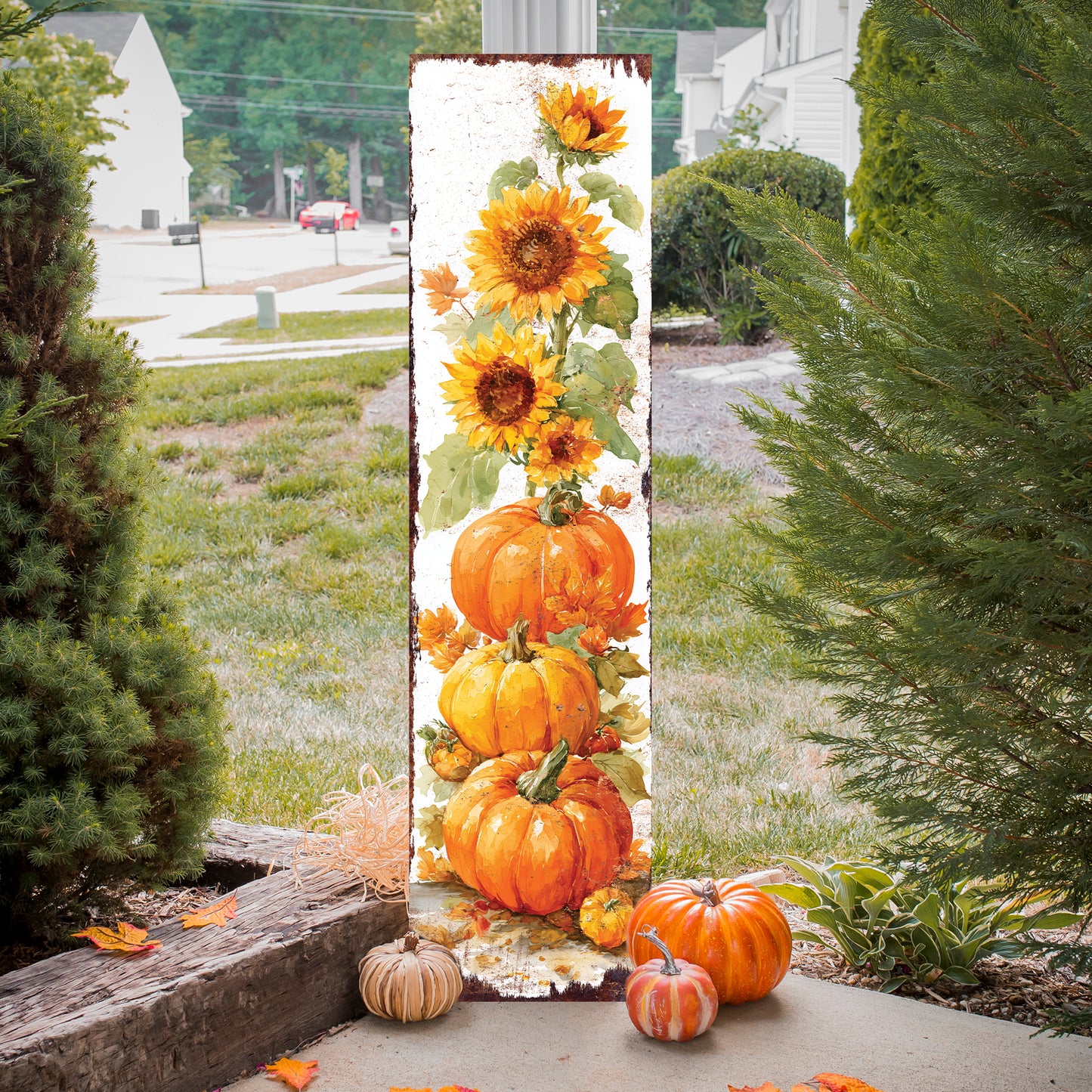 Fall Porch Sign | Pumpkin & Sunflower Vertical Wall Art | Rustic Autumn Outdoor Decor for Front Door, Garden, Entryway