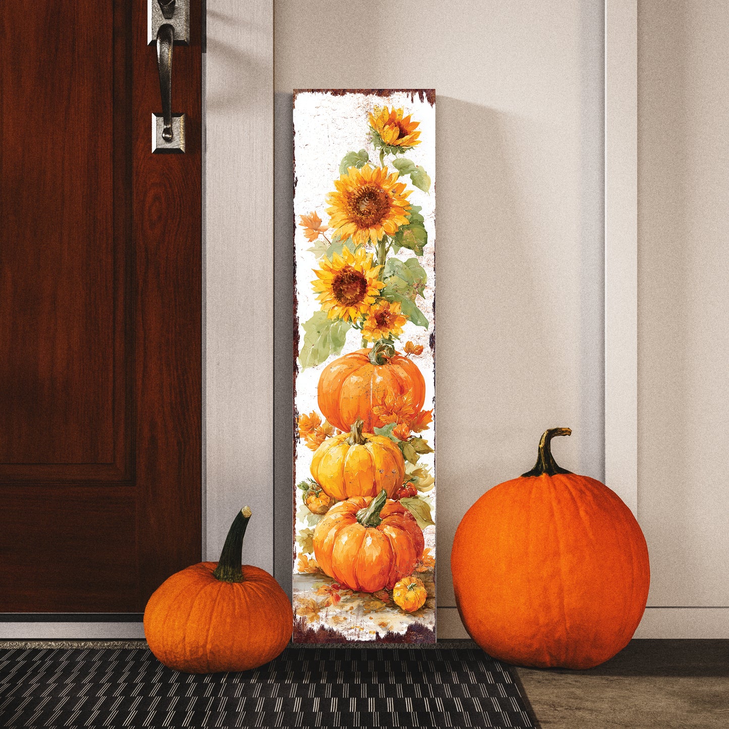 Fall Porch Sign | Pumpkin & Sunflower Vertical Wall Art | Rustic Autumn Outdoor Decor for Front Door, Garden, Entryway