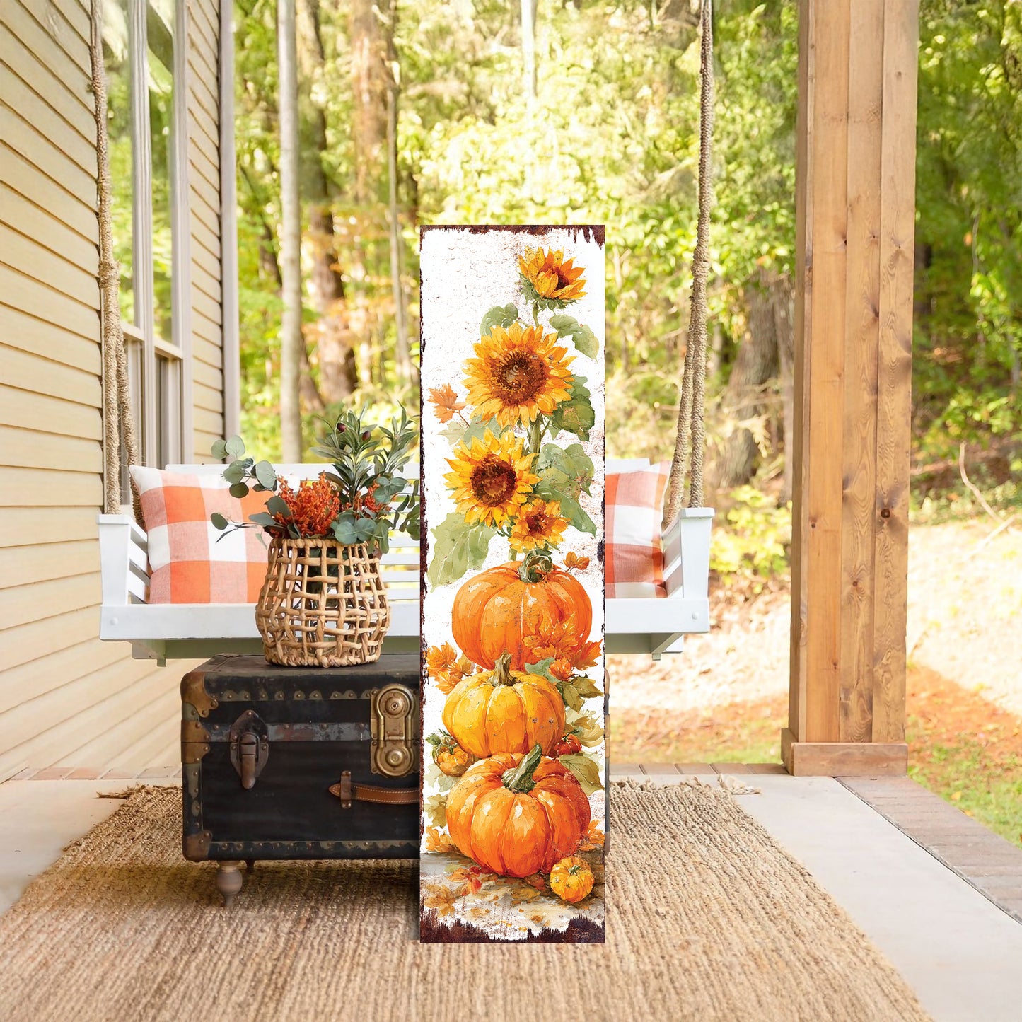 Fall Porch Sign | Pumpkin & Sunflower Vertical Wall Art | Rustic Autumn Outdoor Decor for Front Door, Garden, Entryway