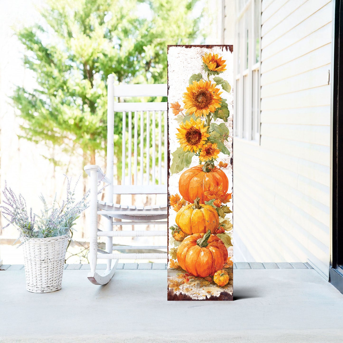 Fall Porch Sign | Pumpkin & Sunflower Vertical Wall Art | Rustic Autumn Outdoor Decor for Front Door, Garden, Entryway