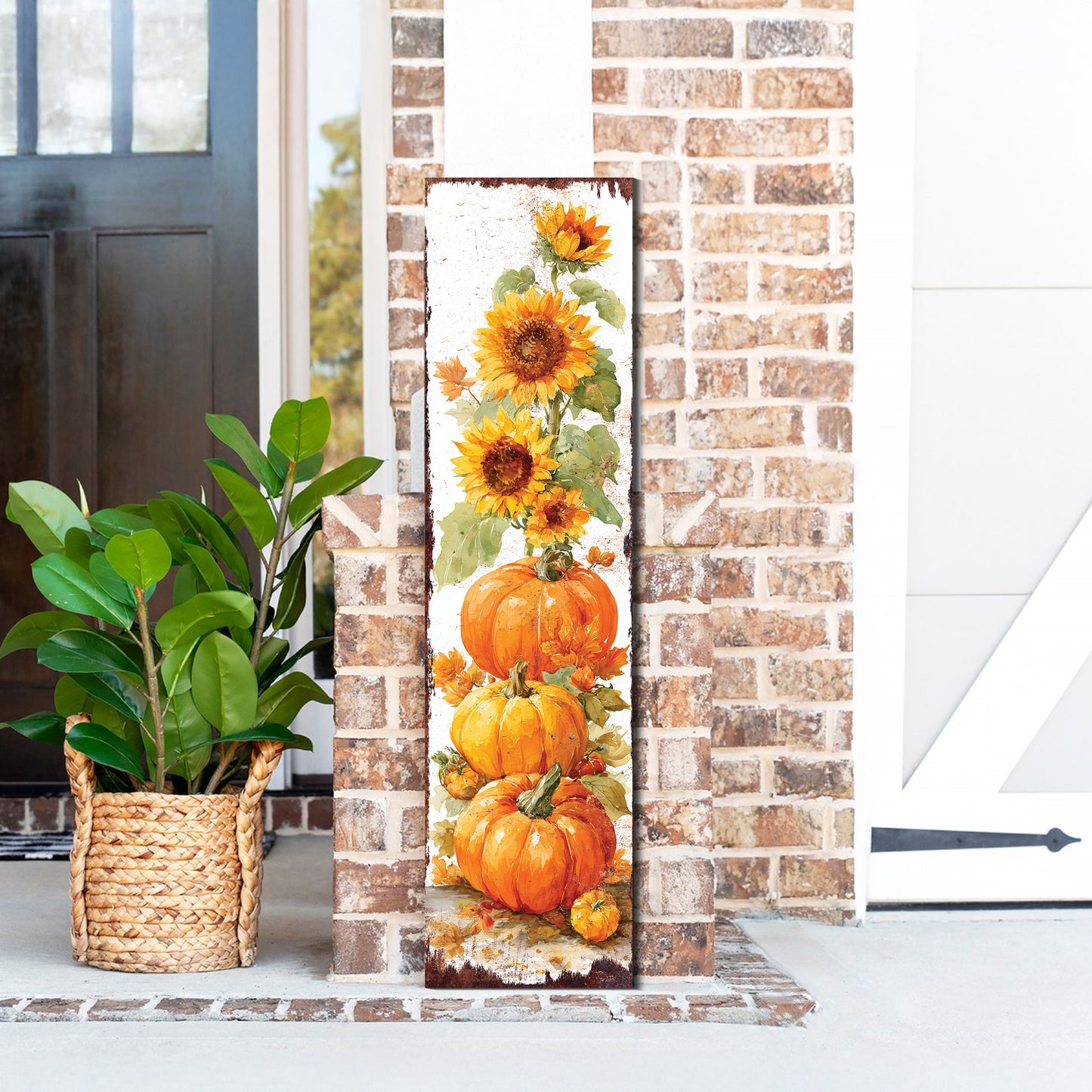 Fall Porch Sign | Pumpkin & Sunflower Vertical Wall Art | Rustic Autumn Outdoor Decor for Front Door, Garden, Entryway