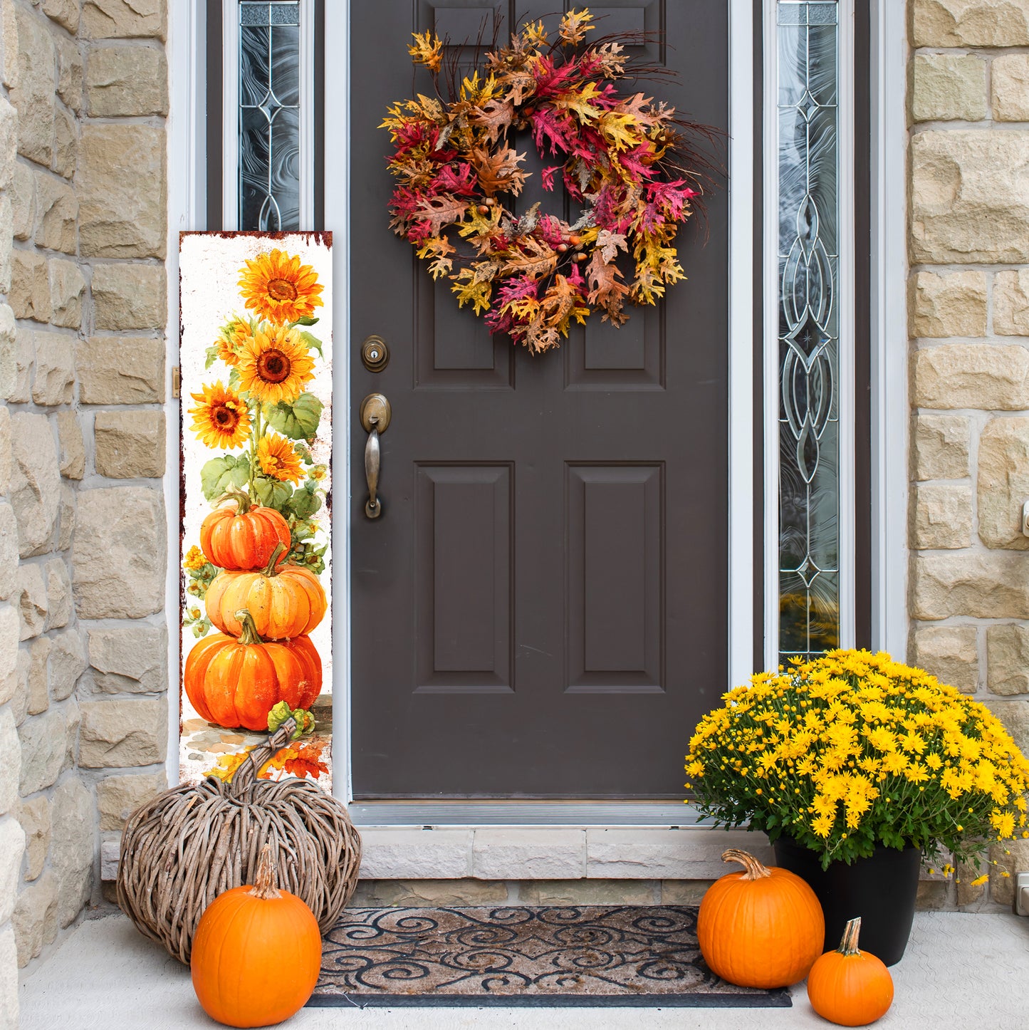 Fall Porch Sign | Pumpkin & Sunflower Vertical Wall Art | Rustic Autumn Outdoor Decor for Front Door, Garden, Entryway