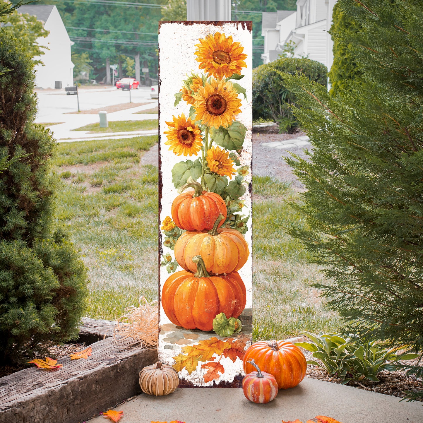 Fall Porch Sign | Pumpkin & Sunflower Vertical Wall Art | Rustic Autumn Outdoor Decor for Front Door, Garden, Entryway