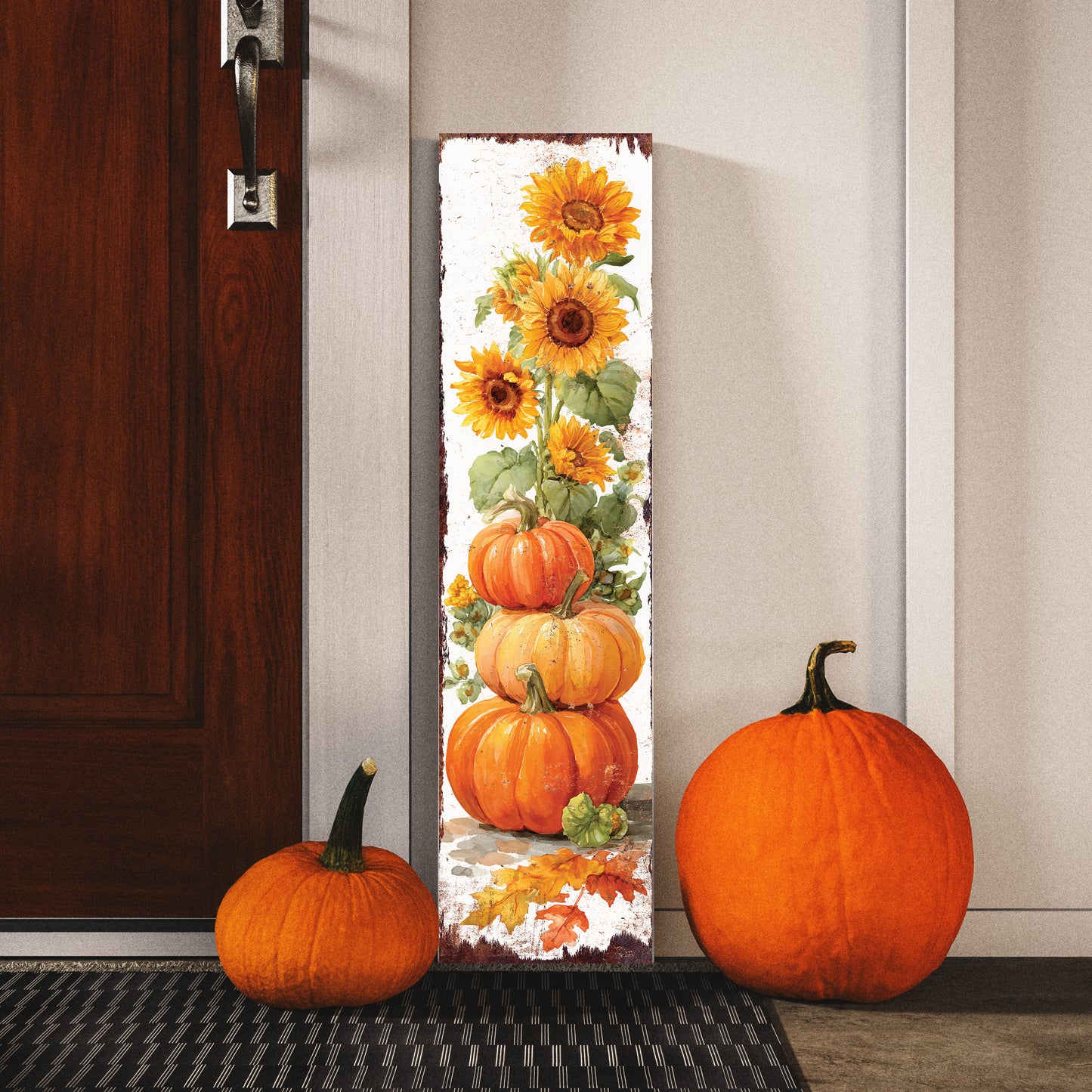 Fall Porch Sign | Pumpkin & Sunflower Vertical Wall Art | Rustic Autumn Outdoor Decor for Front Door, Garden, Entryway
