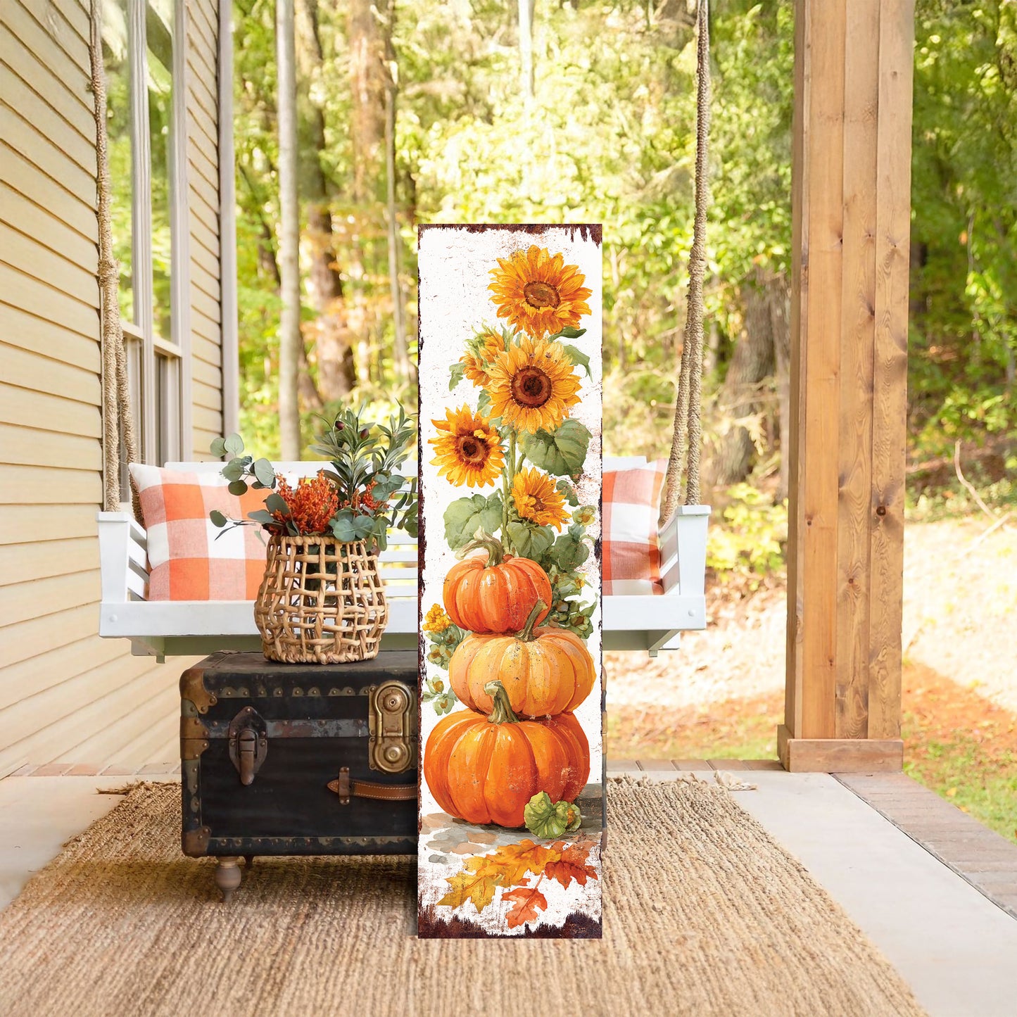 Fall Porch Sign | Pumpkin & Sunflower Vertical Wall Art | Rustic Autumn Outdoor Decor for Front Door, Garden, Entryway