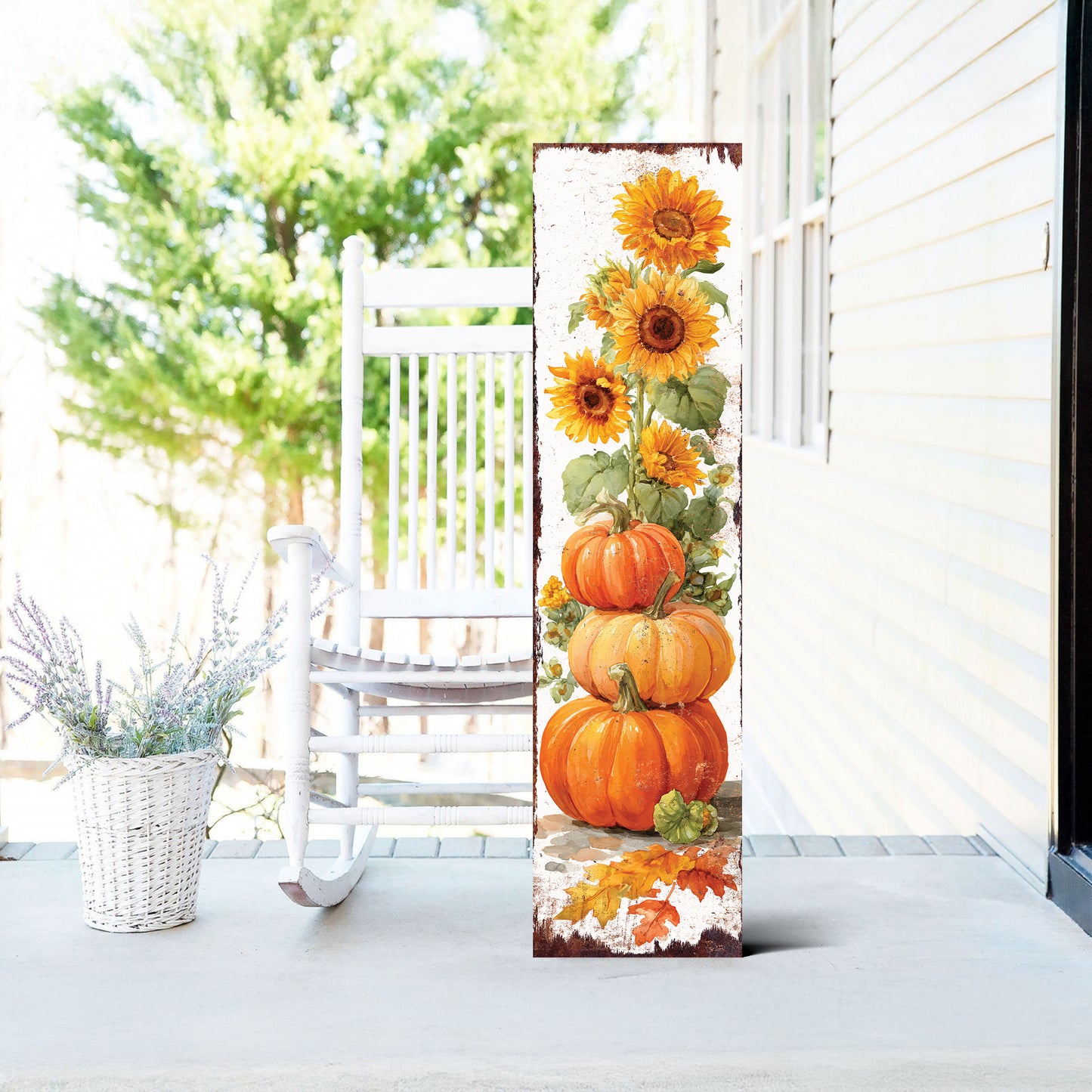 Fall Porch Sign | Pumpkin & Sunflower Vertical Wall Art | Rustic Autumn Outdoor Decor for Front Door, Garden, Entryway