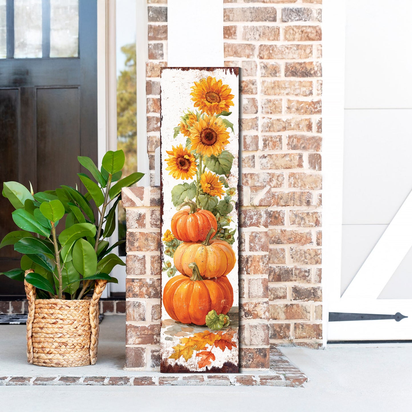 Fall Porch Sign | Pumpkin & Sunflower Vertical Wall Art | Rustic Autumn Outdoor Decor for Front Door, Garden, Entryway