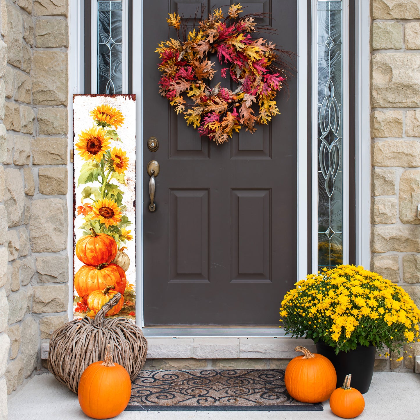 Fall Porch Sign | Pumpkin & Sunflower Vertical Wall Art | Rustic Autumn Outdoor Decor for Front Door, Garden, Entryway