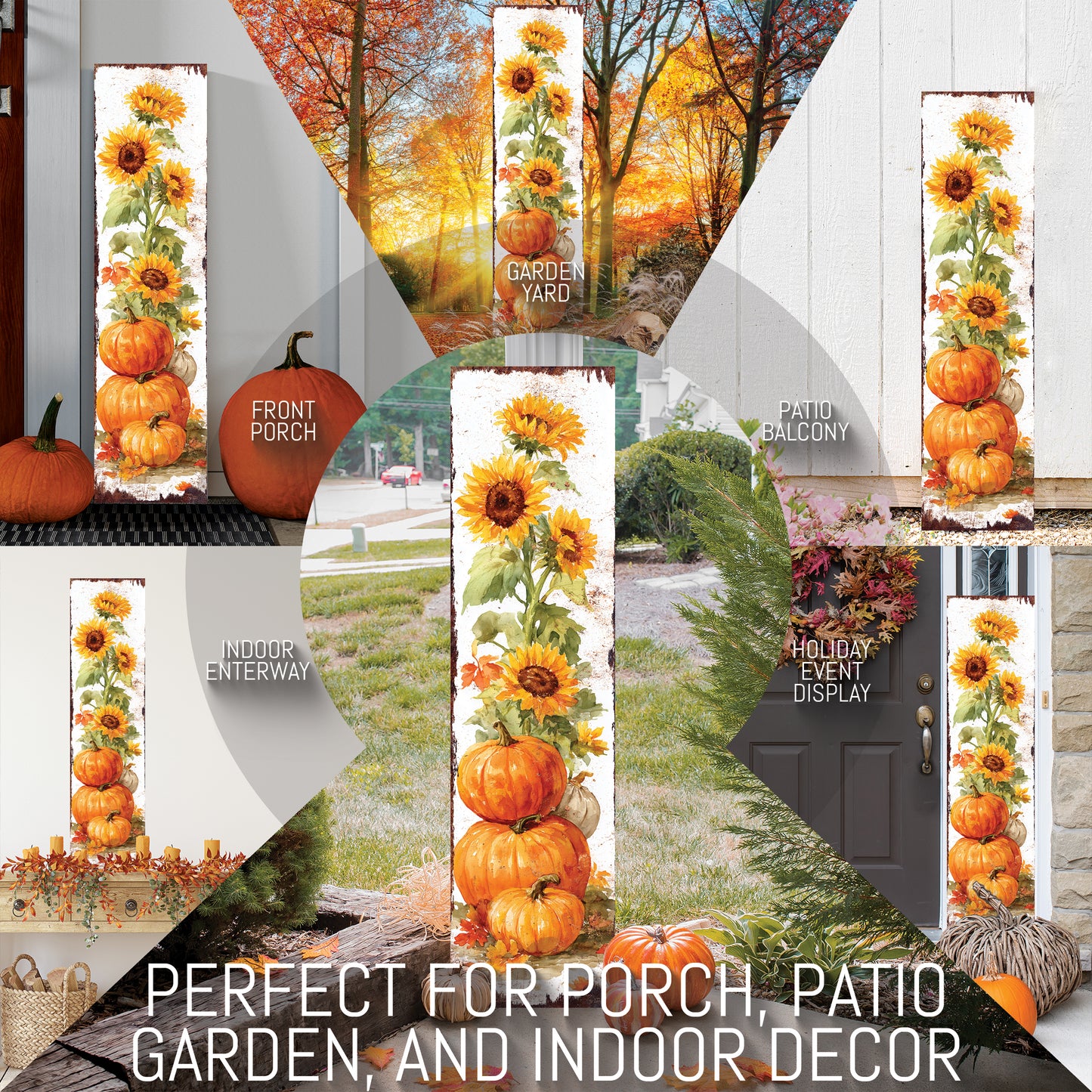 Fall Porch Sign | Pumpkin & Sunflower Vertical Wall Art | Rustic Autumn Outdoor Decor for Front Door, Garden, Entryway