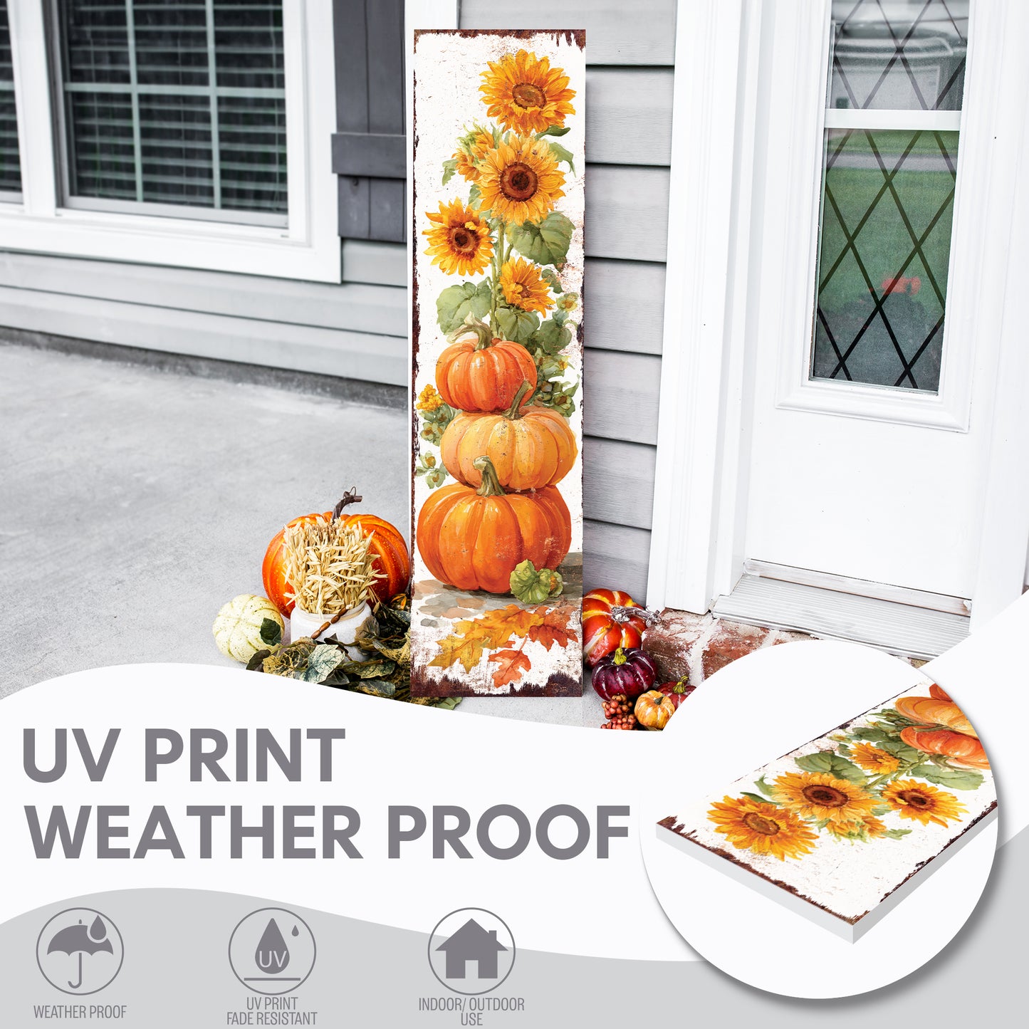 Fall Porch Sign | Pumpkin & Sunflower Vertical Wall Art | Rustic Autumn Outdoor Decor for Front Door, Garden, Entryway