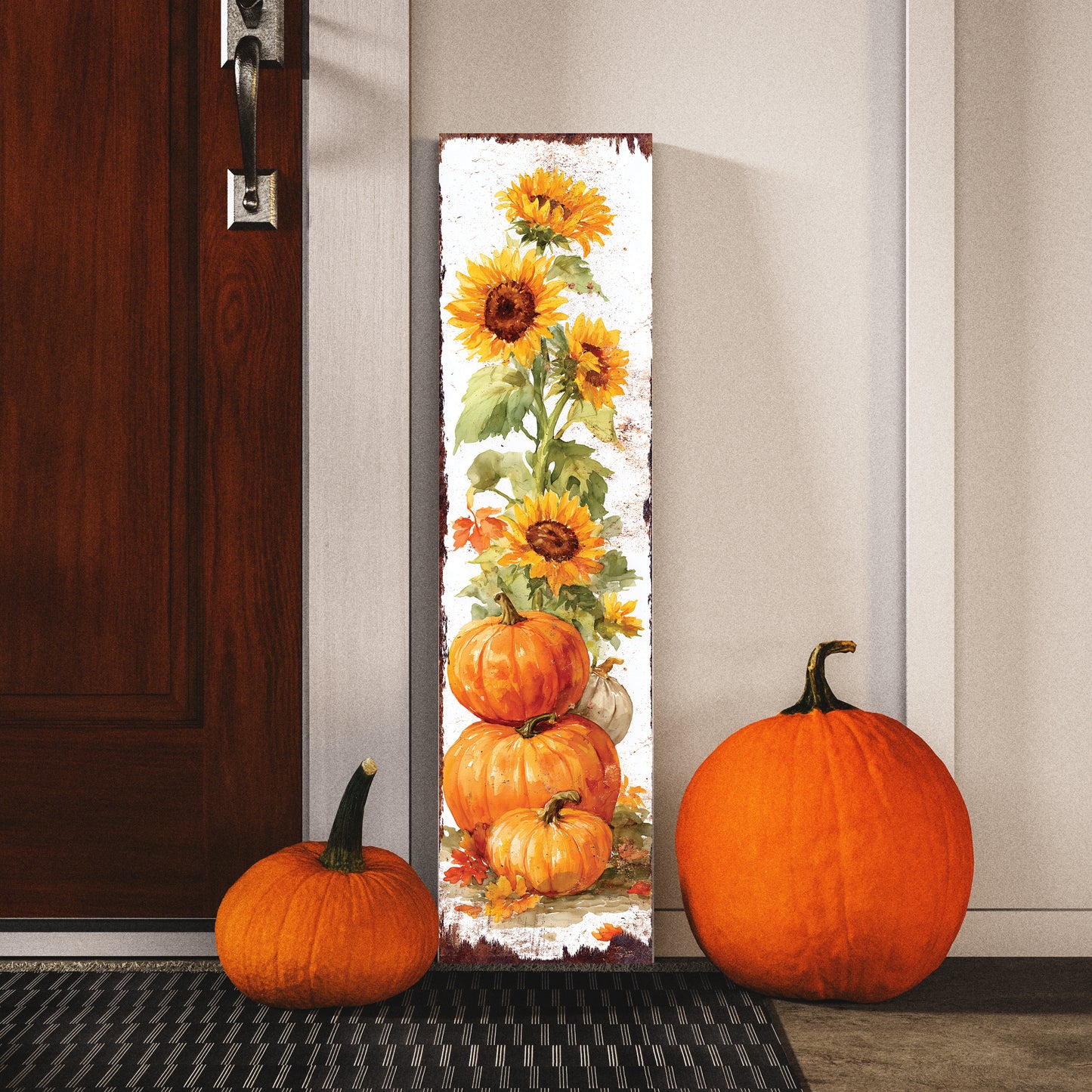 Fall Porch Sign | Pumpkin & Sunflower Vertical Wall Art | Rustic Autumn Outdoor Decor for Front Door, Garden, Entryway