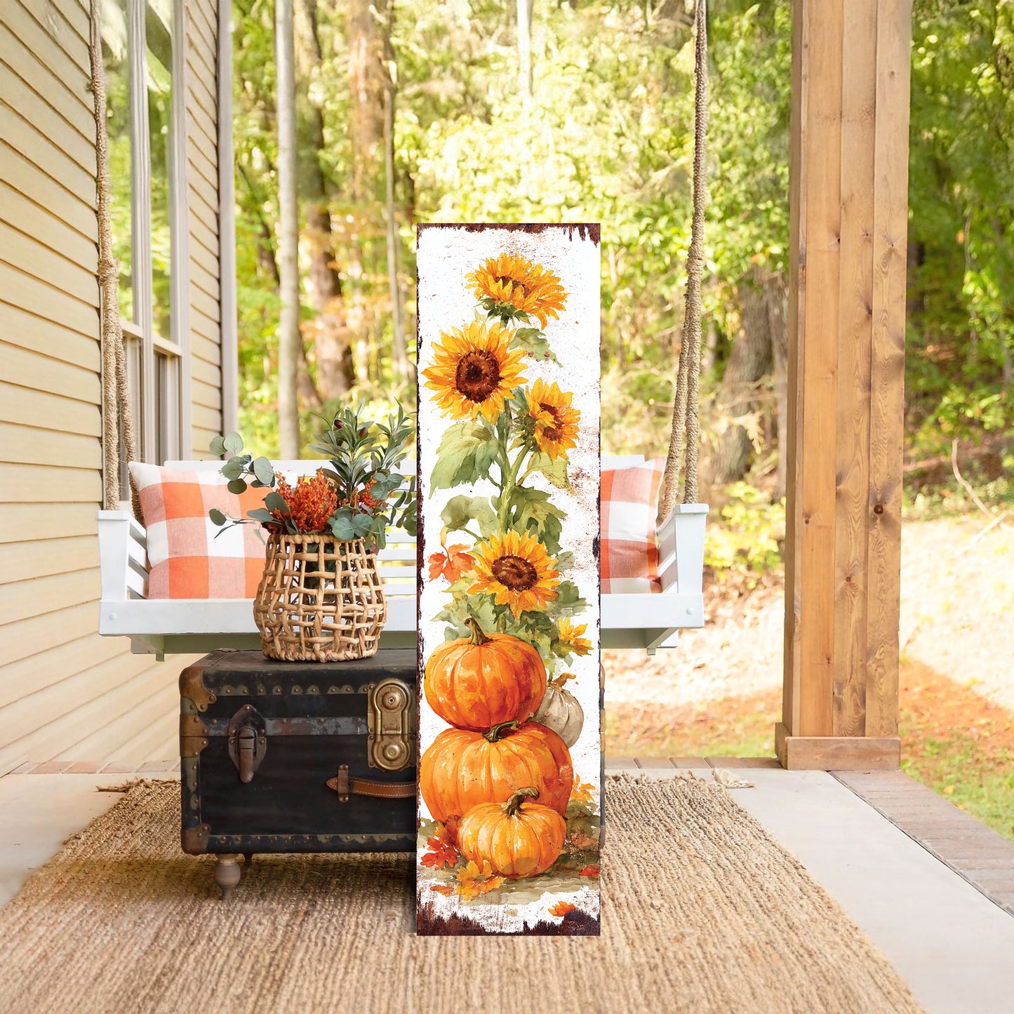Fall Porch Sign | Pumpkin & Sunflower Vertical Wall Art | Rustic Autumn Outdoor Decor for Front Door, Garden, Entryway