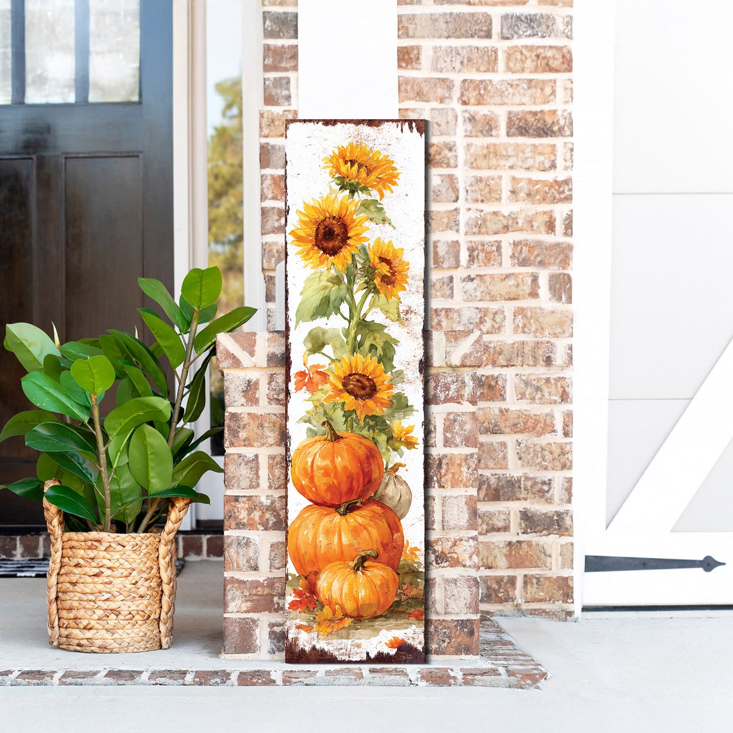 Fall Porch Sign | Pumpkin & Sunflower Vertical Wall Art | Rustic Autumn Outdoor Decor for Front Door, Garden, Entryway