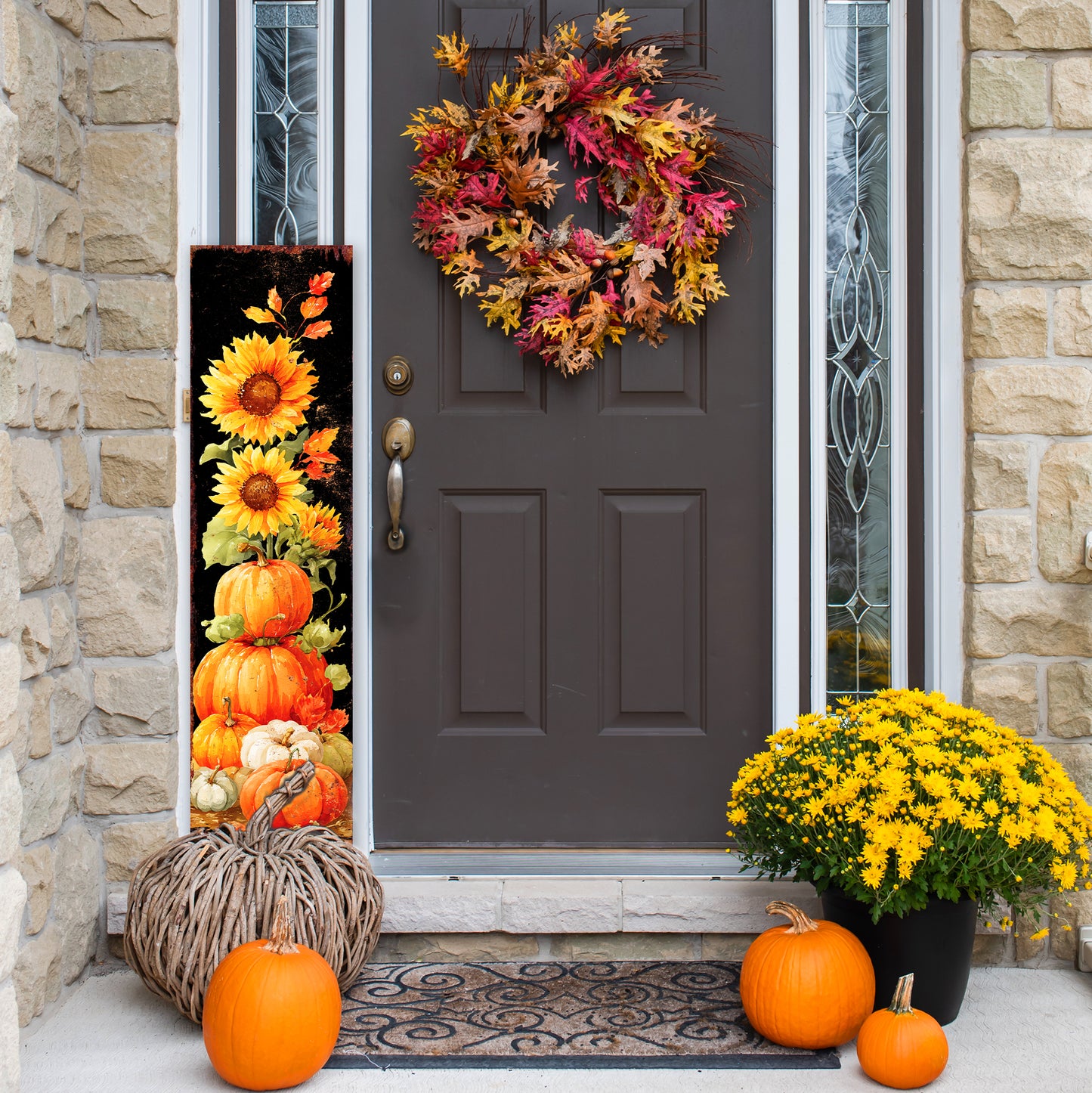 Fall Porch Sign | Pumpkin & Sunflower Stack Vertical Outdoor Decor | Rustic Farmhouse Autumn Decoration for Front Door or Patio
