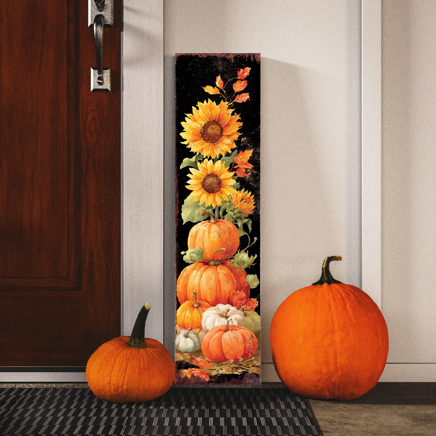 Fall Porch Sign | Pumpkin & Sunflower Stack Vertical Outdoor Decor | Rustic Farmhouse Autumn Decoration for Front Door or Patio
