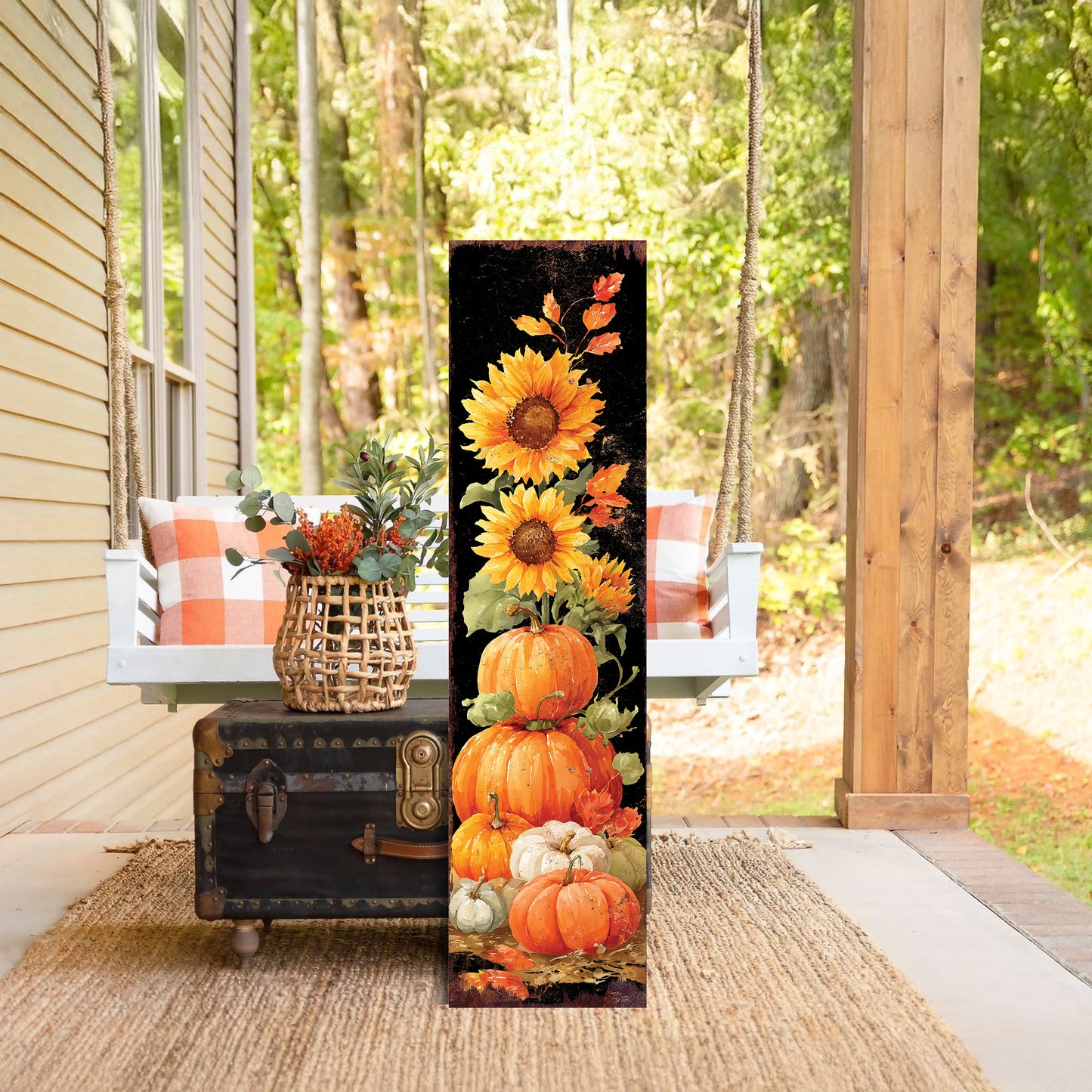 Fall Porch Sign | Pumpkin & Sunflower Stack Vertical Outdoor Decor | Rustic Farmhouse Autumn Decoration for Front Door or Patio