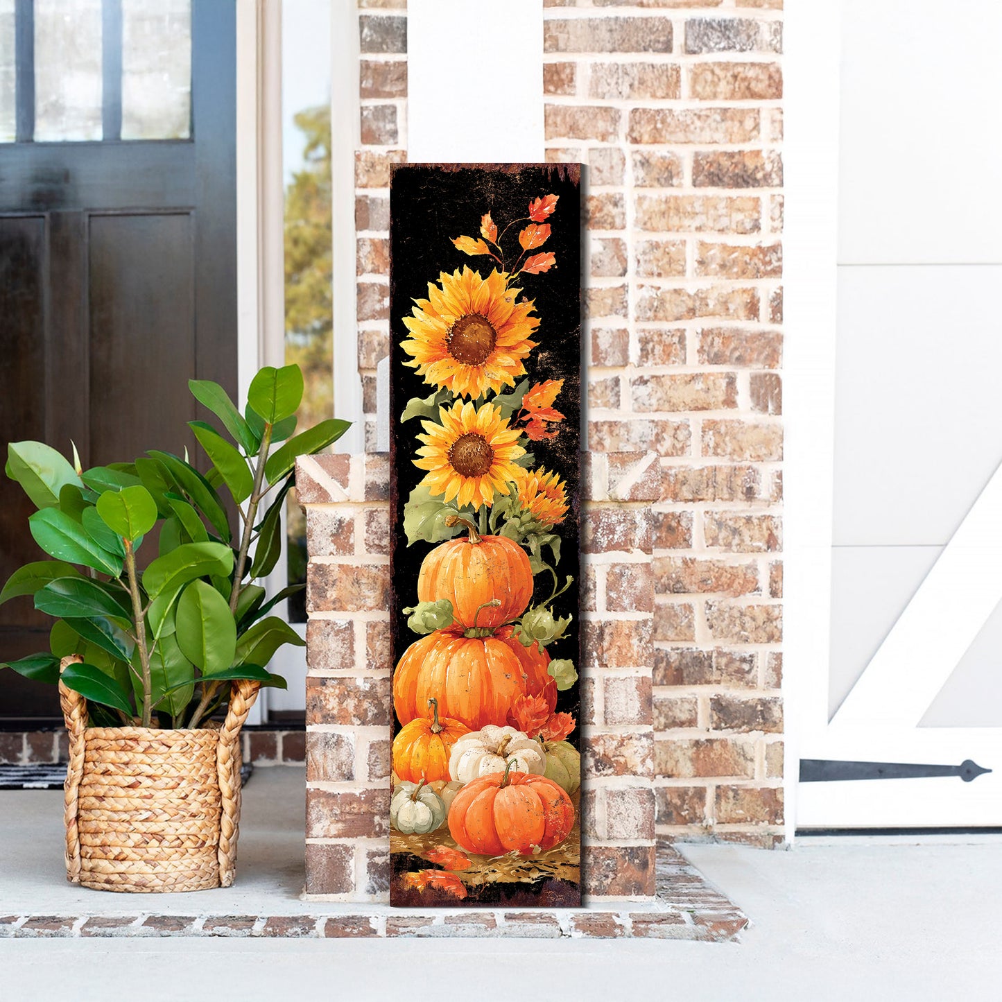 Fall Porch Sign | Pumpkin & Sunflower Stack Vertical Outdoor Decor | Rustic Farmhouse Autumn Decoration for Front Door or Patio