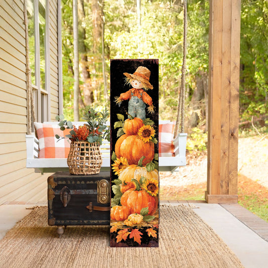 Fall Porch Sign | Scarecrow with Pumpkin Stack & Sunflowers | Rustic Farmhouse Outdoor Autumn Decoration for Front Door or Garden