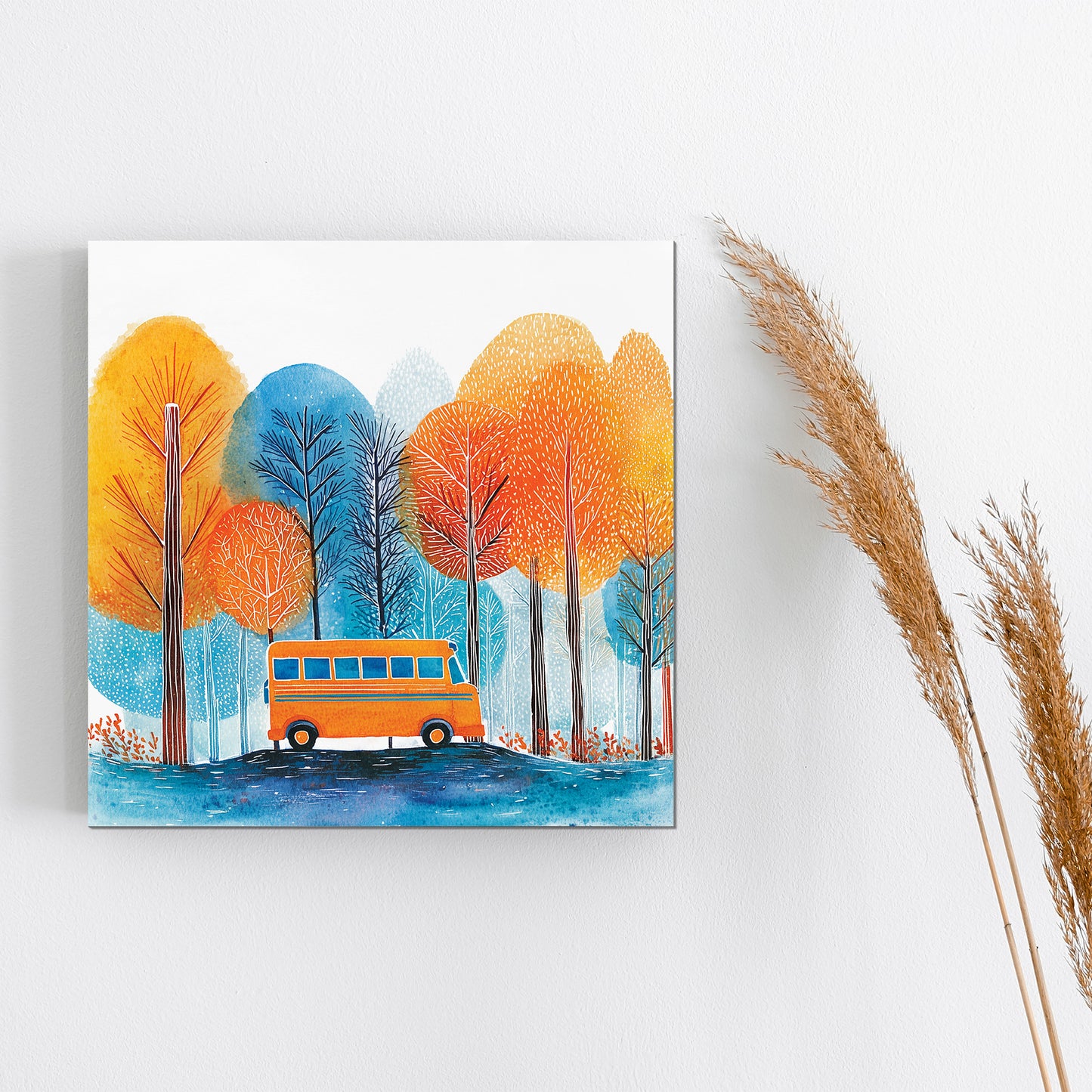 Fall Wall Art | School Bus in Autumn Forest | Back to School Seasonal Decor for Classroom, Entryway, or Living Room