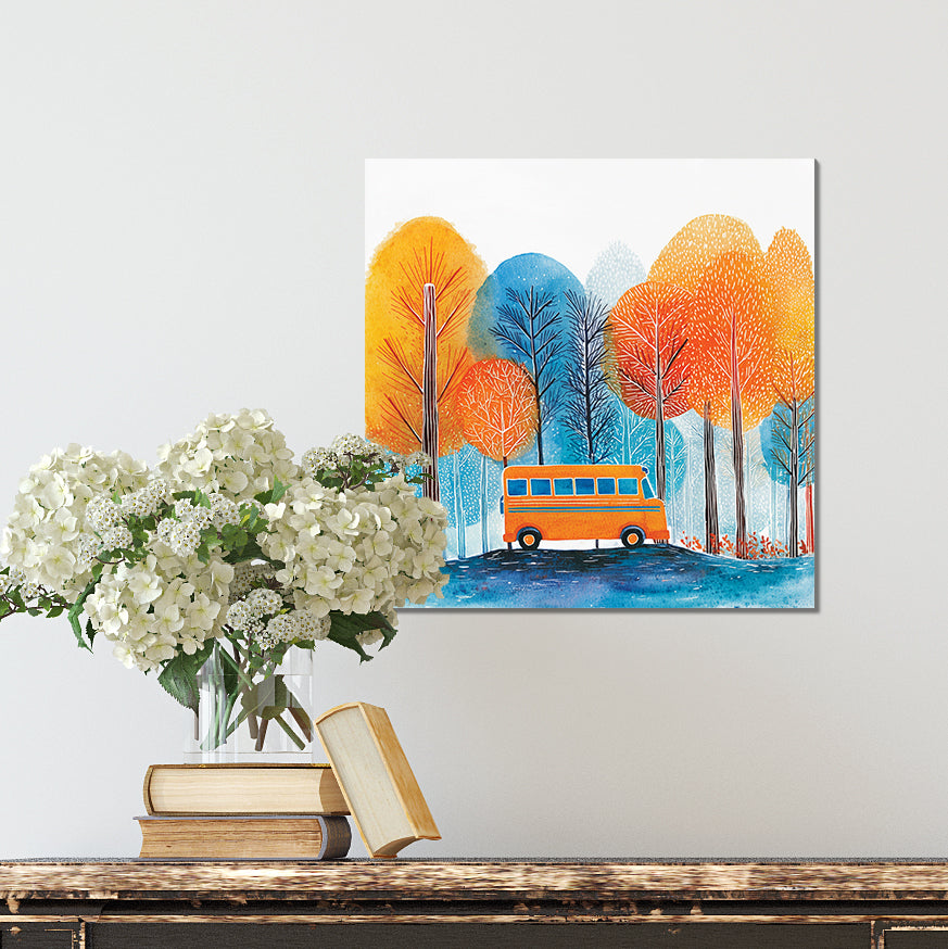 Fall Wall Art | School Bus in Autumn Forest | Back to School Seasonal Decor for Classroom, Entryway, or Living Room
