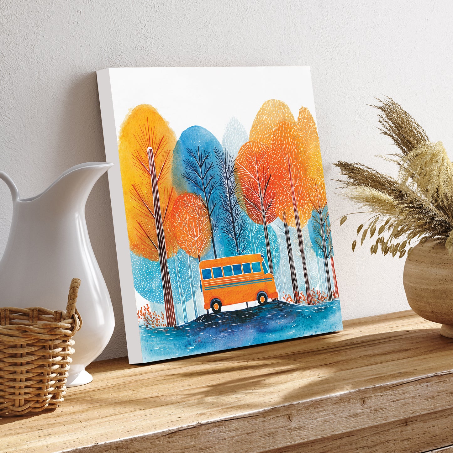 Fall Wall Art | School Bus in Autumn Forest | Back to School Seasonal Decor for Classroom, Entryway, or Living Room