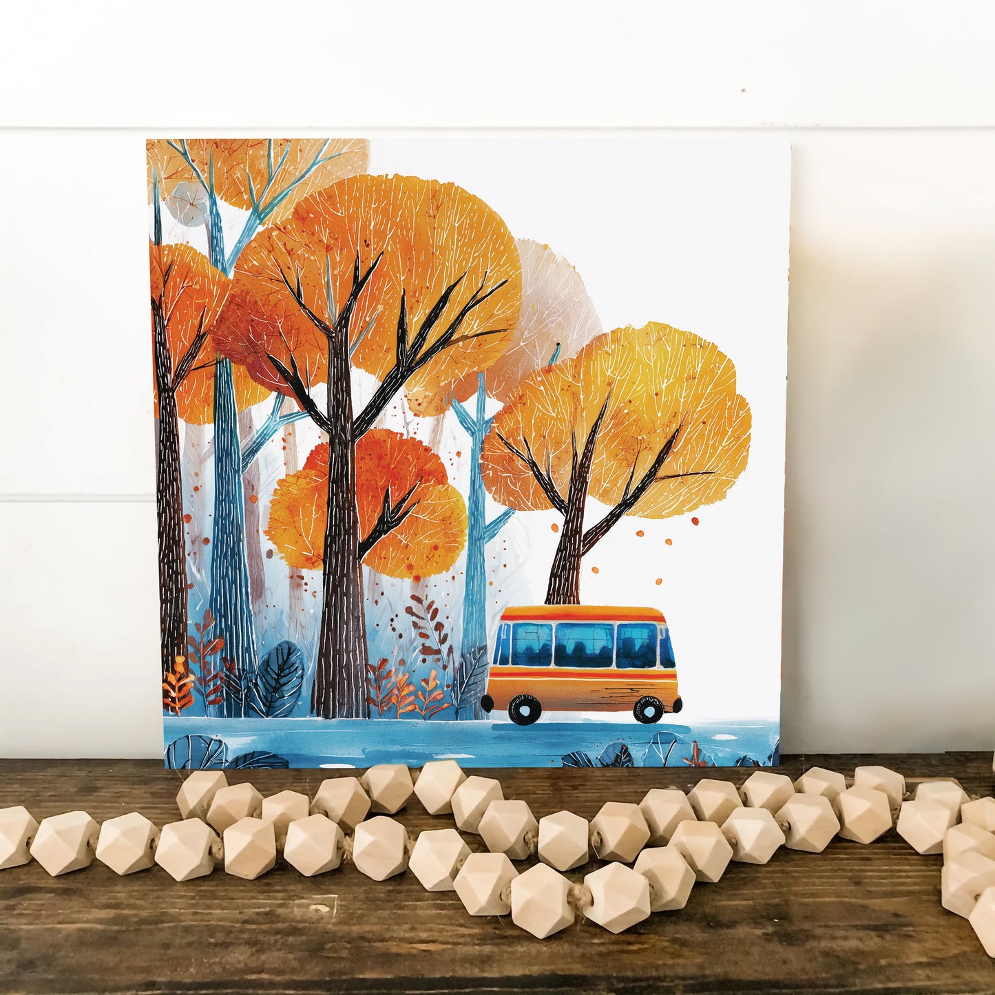 Fall Wall Art | School Bus in Autumn Forest | Back to School Seasonal Decor for Classroom, Entryway, or Living Room