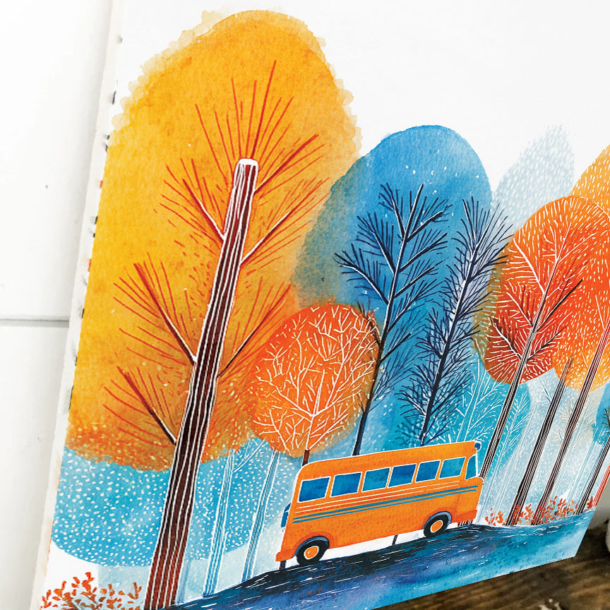 Fall Wall Art | School Bus in Autumn Forest | Back to School Seasonal Decor for Classroom, Entryway, or Living Room