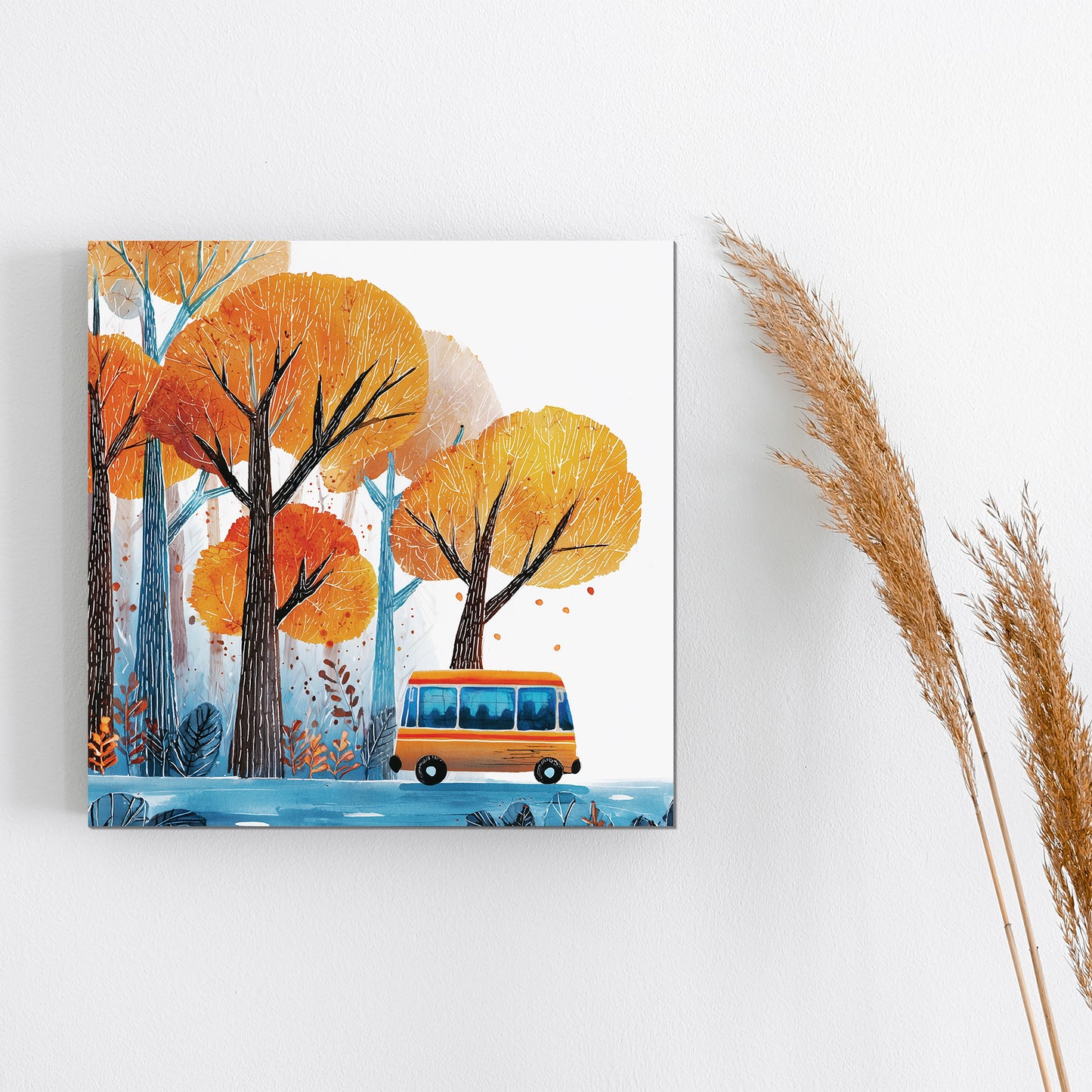 Fall Wall Art | School Bus in Autumn Forest | Back to School Seasonal Decor for Classroom, Entryway, or Living Room
