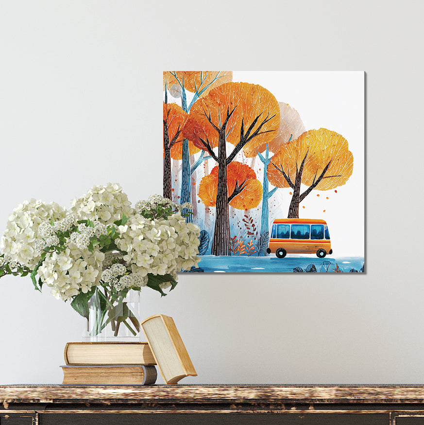 Fall Wall Art | School Bus in Autumn Forest | Back to School Seasonal Decor for Classroom, Entryway, or Living Room