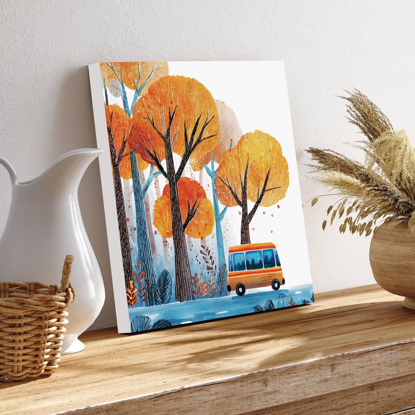 Fall Wall Art | School Bus in Autumn Forest | Back to School Seasonal Decor for Classroom, Entryway, or Living Room