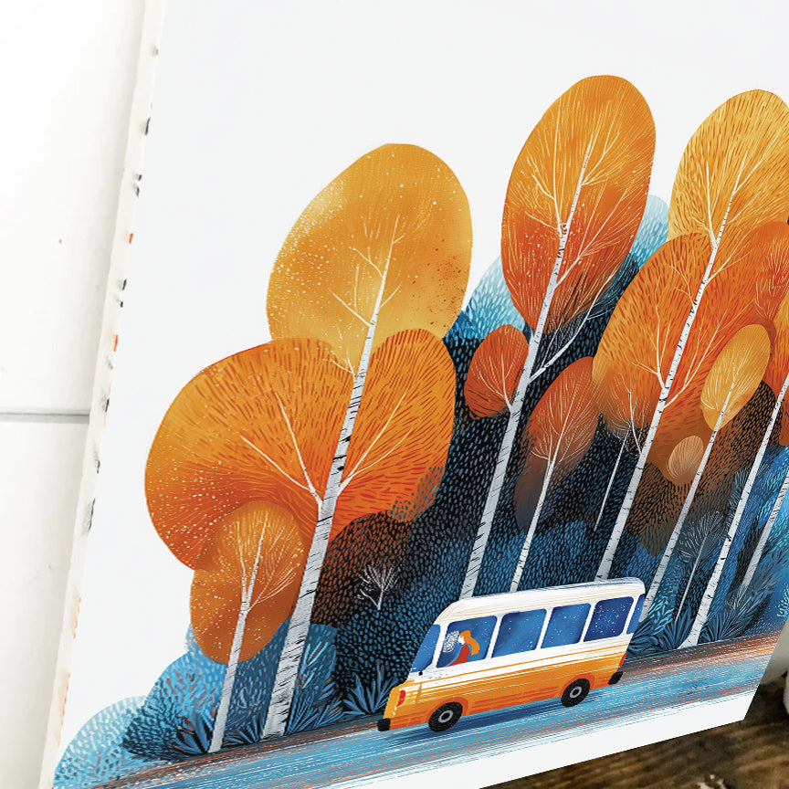 Fall Wall Art | School Bus in Autumn Forest | Back to School Seasonal Decor for Classroom, Entryway, or Living Room