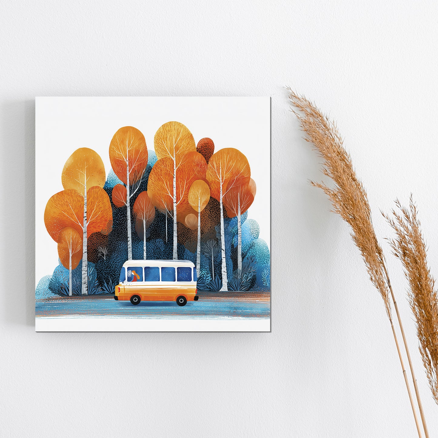 Fall Wall Art | School Bus in Autumn Forest | Back to School Seasonal Decor for Classroom, Entryway, or Living Room