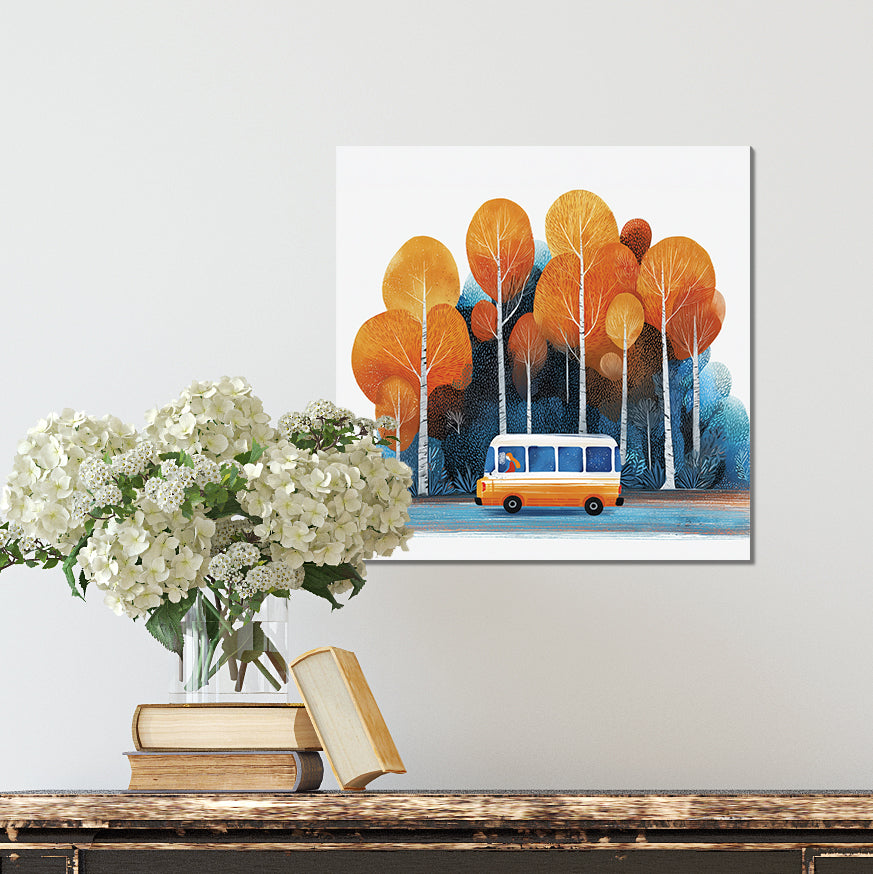 Fall Wall Art | School Bus in Autumn Forest | Back to School Seasonal Decor for Classroom, Entryway, or Living Room